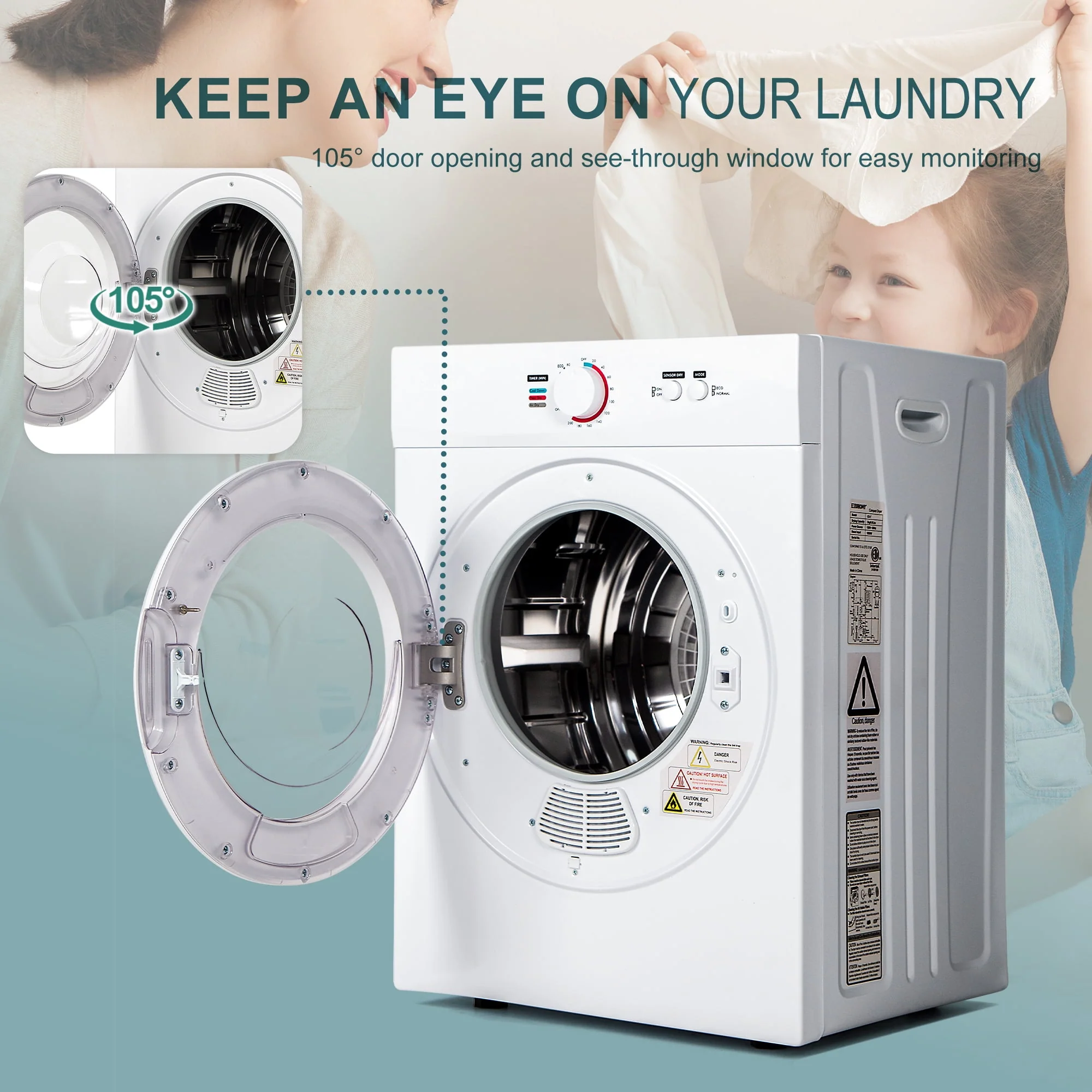 Simzlife 1.6 Cu. ft. Portable Clothes Dryer, Electric Laundry Dryer Machine, 19.5 in W, 23.6 in H - Womvr