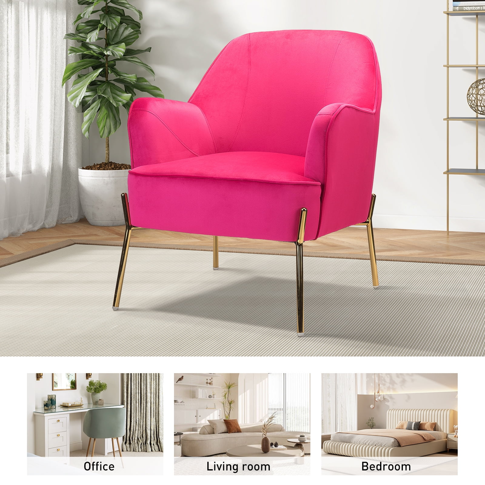 Velvet Upholstered Accent Chair Metal Legs Curved Backrest Lounge Home Armchair Bedroom Adult Pink - Womvr