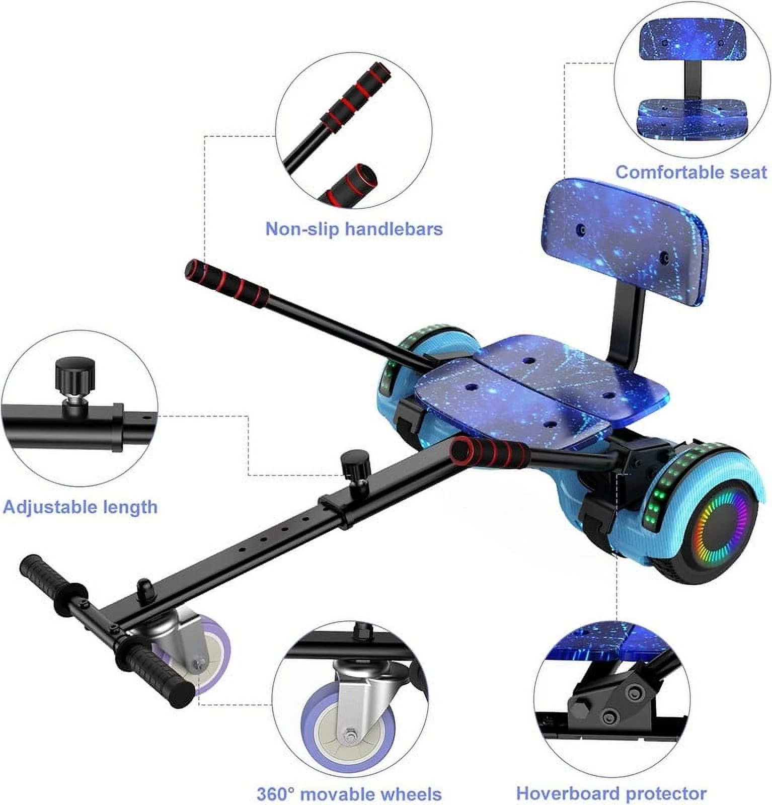 SISIGAD Hoverboard with Seat, 6.5 inch Hoverboard Go Kart Combo with Bluetooth Speaker & LED Lights for Kids Adults - Womvr