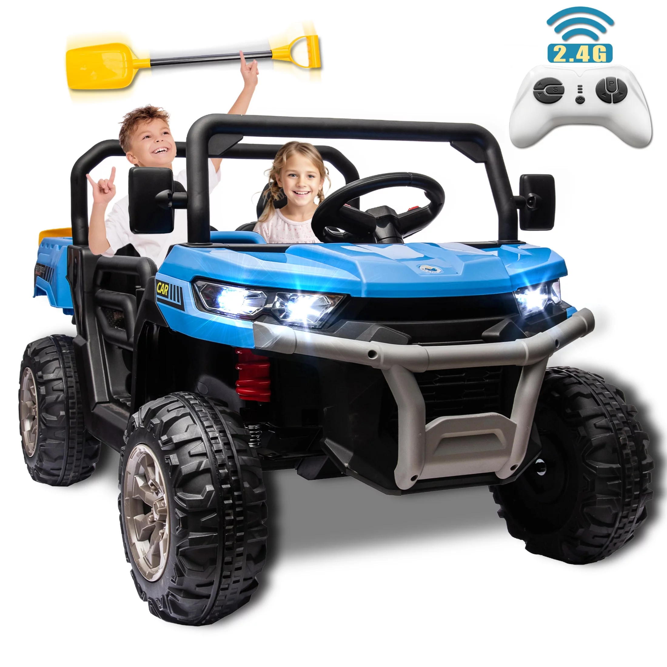 24V 2 Seater Ride on Toys, Ride On UTV with 2x200W Motor Ride On Dump Truck, Ride On Car with Dump Bed/Shovel, Electric Vehicle with Rubber Tires, LED Light, Music, Remote Control, Black - Womvr