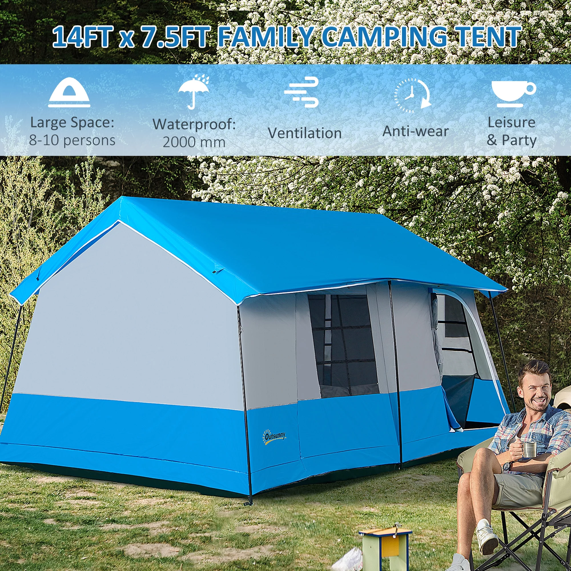 Outsunny Large Camping Tent 10-Person with Rain Cover, Family Tent, Blue - Womvr