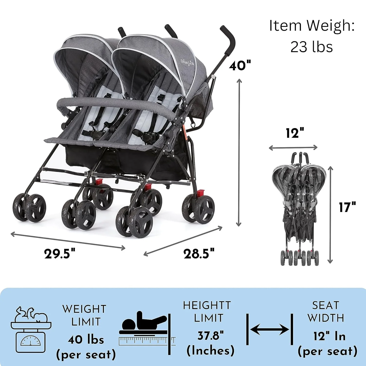 Dream On Me Vo o Twin Umbrella Stroller in Gray, Lightweight Double Stroller for Infant & Toddler, Compact Easy Fold, Large Storage Basket, Large and Adjustable Canopy - Womvr