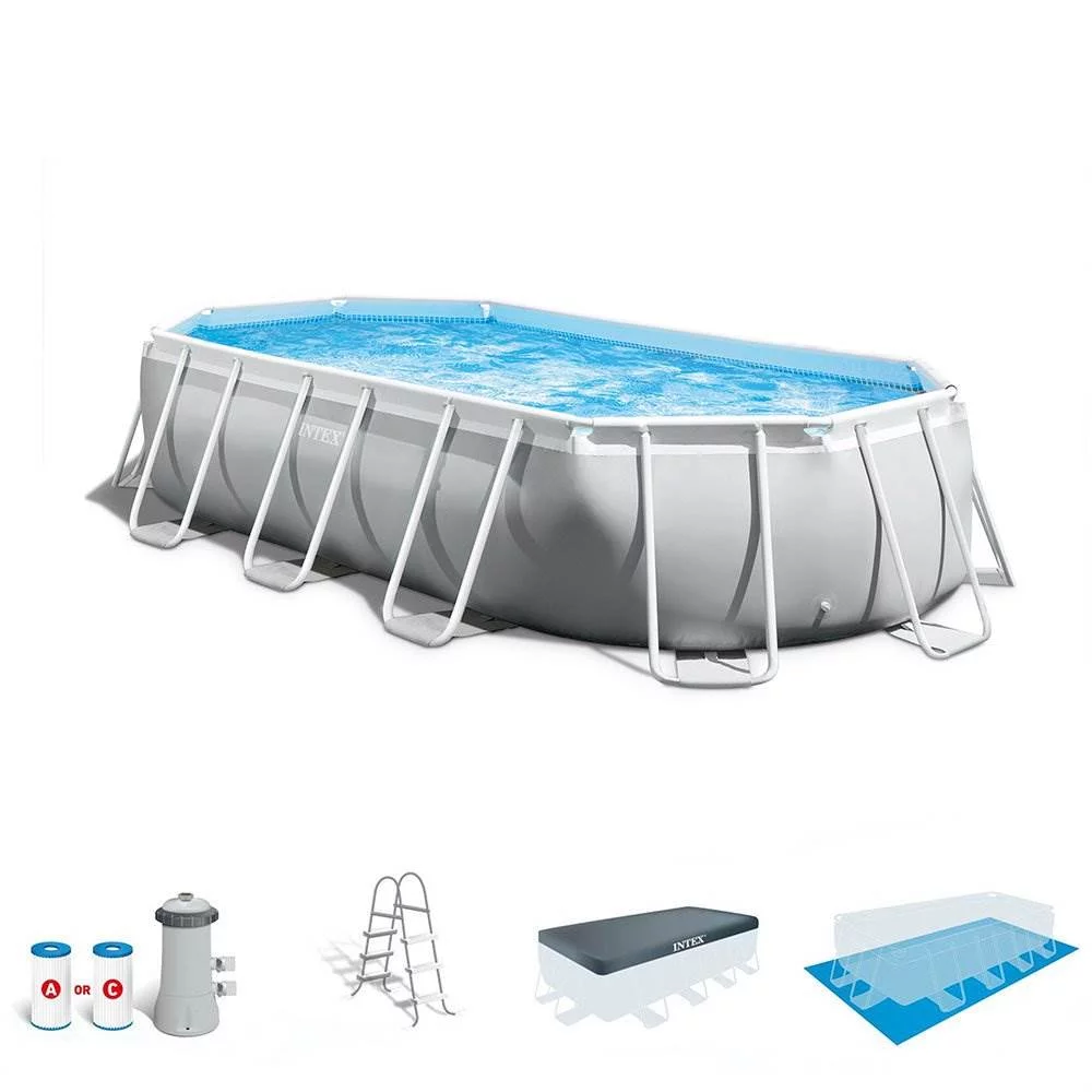 Intex 26795EH Prism Frame 16.5ft x 9ft x 48in Outdoor Above Ground Oval Pool Set with Pump, Cover and Ladder, Gray - Womvr