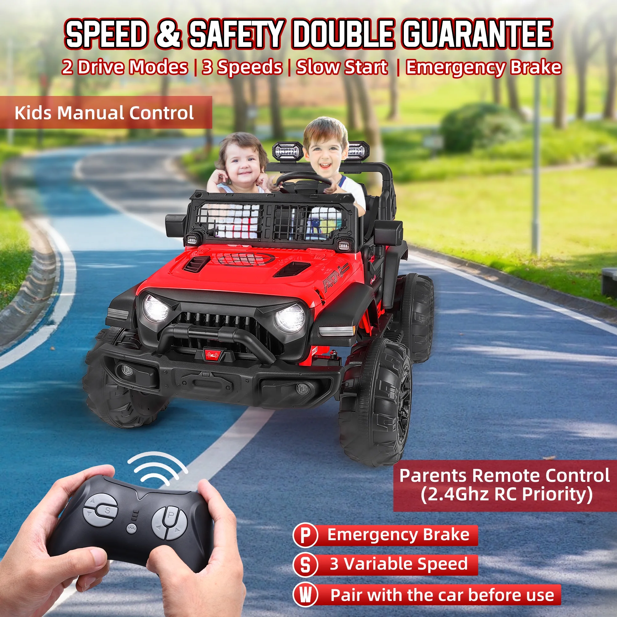 Wisairt 24V Kids Ride on Truck, 2 Seater Powered Ride on Car w/ Remote Control and Storage Space, 3 Speeds, Bluetooth, LED Lights (Black) - Womvr