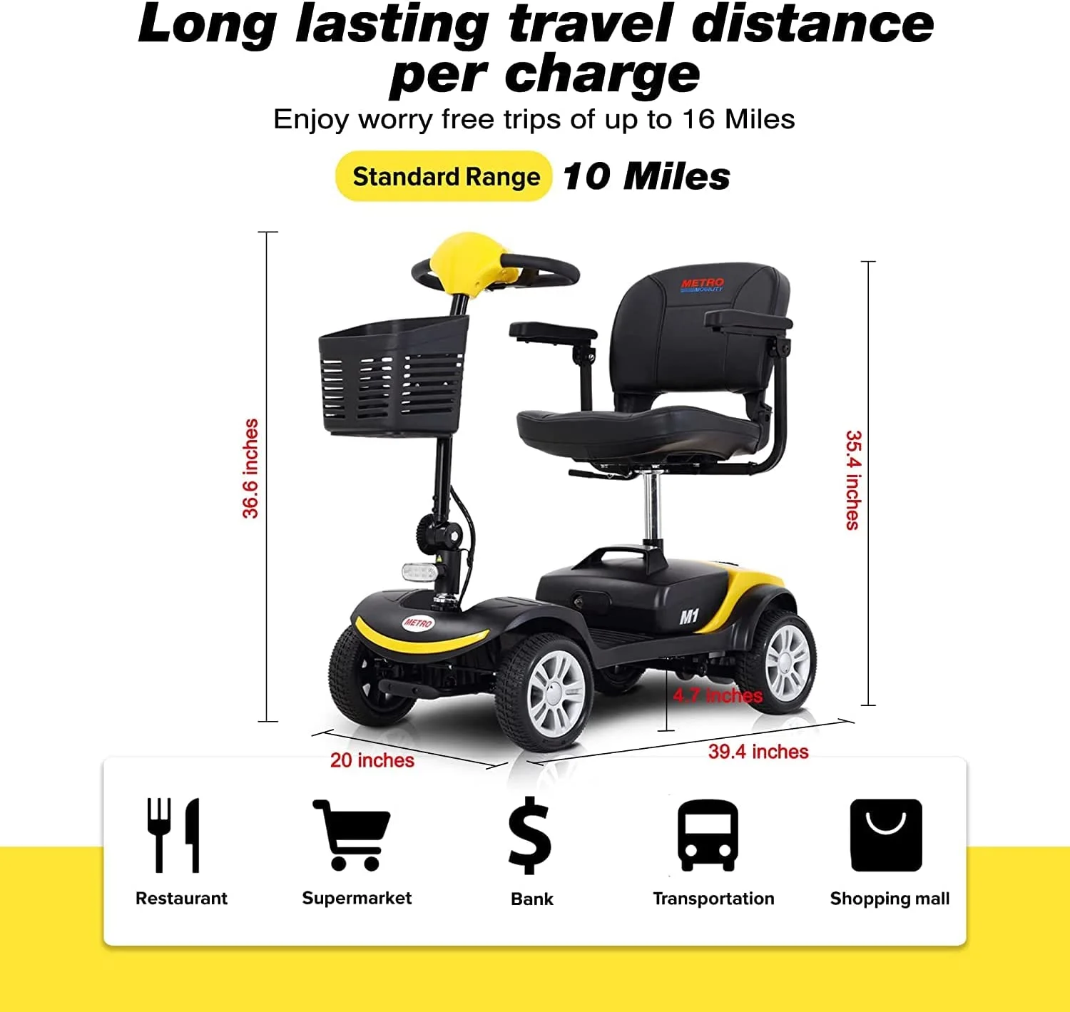 Electric Mobility Scooter for Adults and Seniors - 300 lbs Max Weight, 4-Wheel Powered Mobility Scooters Wheelchair Device for Travel, Elderly (with Head Light-White) - Womvr