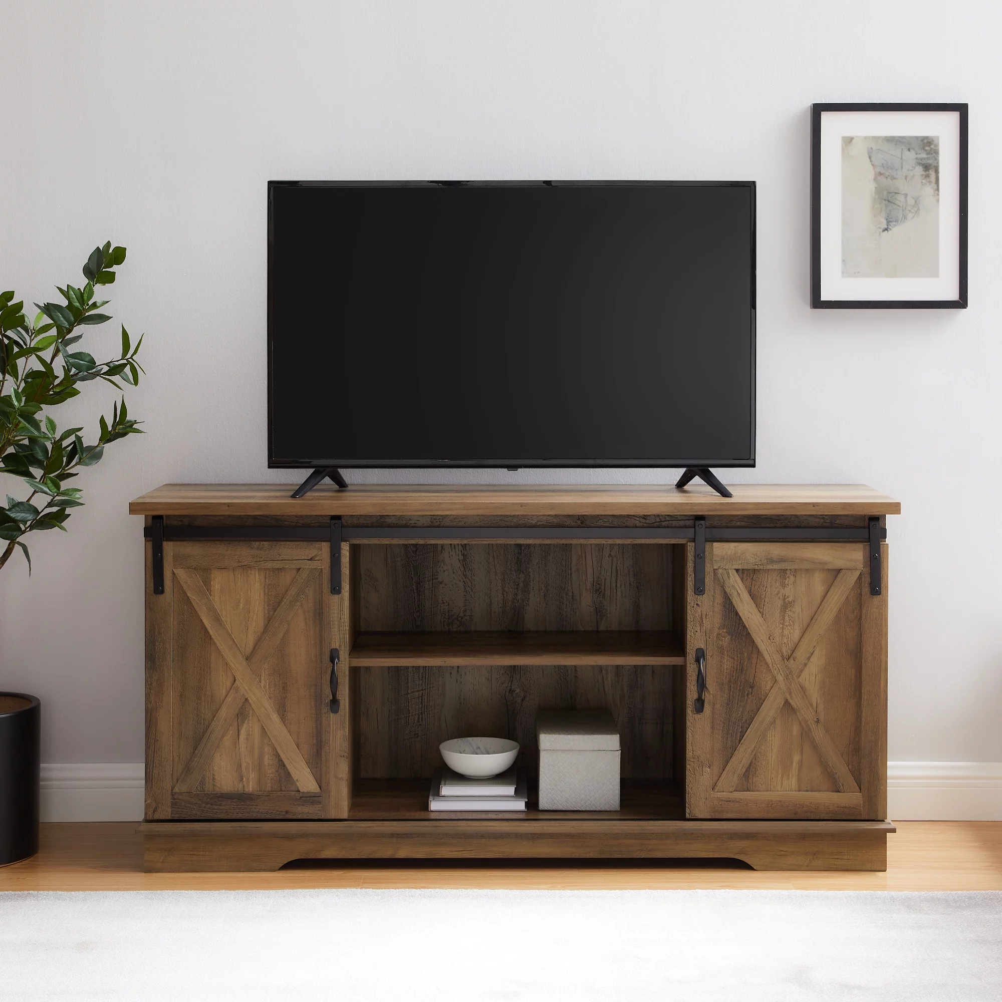 Woven Paths Farmhouse Sliding Barn Door TV Stand for TVs up to 65