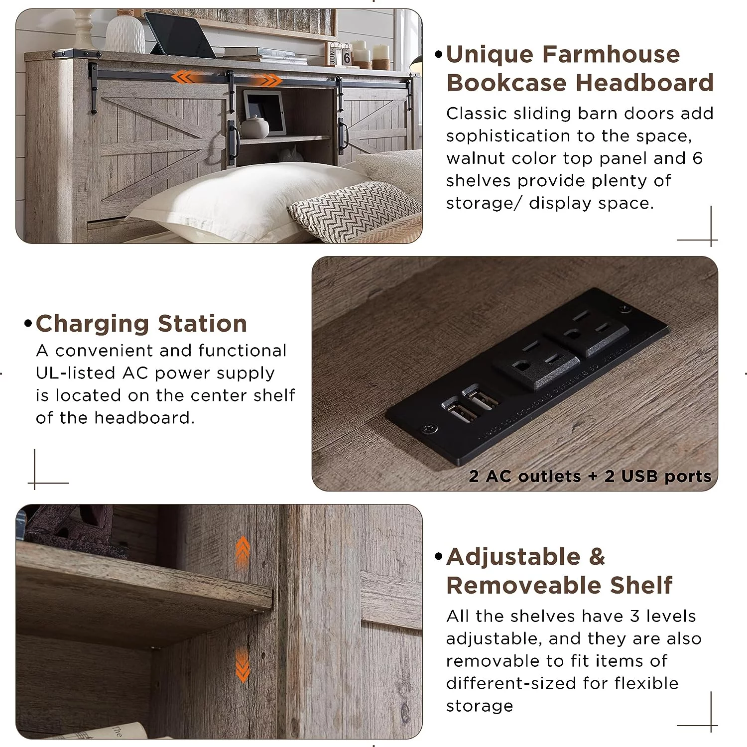 OKD Farmhouse Full Bed Frame, Wood Platform Bed with Bookcase Storage Headboard and Charging Station, No Box Spring Needed, Light Rustic Oak - Womvr