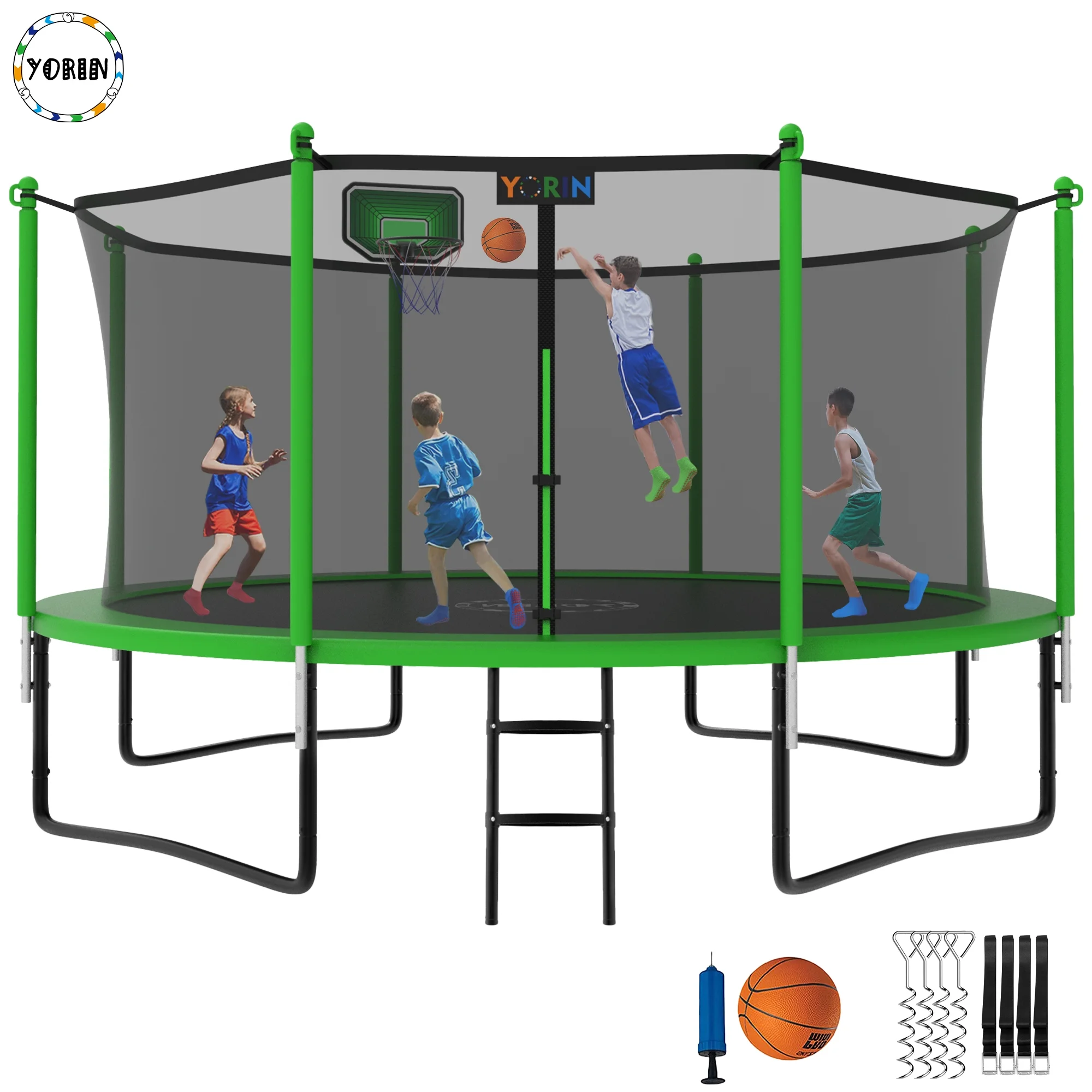 YORIN 1200LBS 12FT 14FT 15FT Trampoline for Kids Adults, Trampoline with Safety Enclosure Net, Basketball Hoop and Ladder, Outdoor Heavy-Duty Trampoline - Womvr