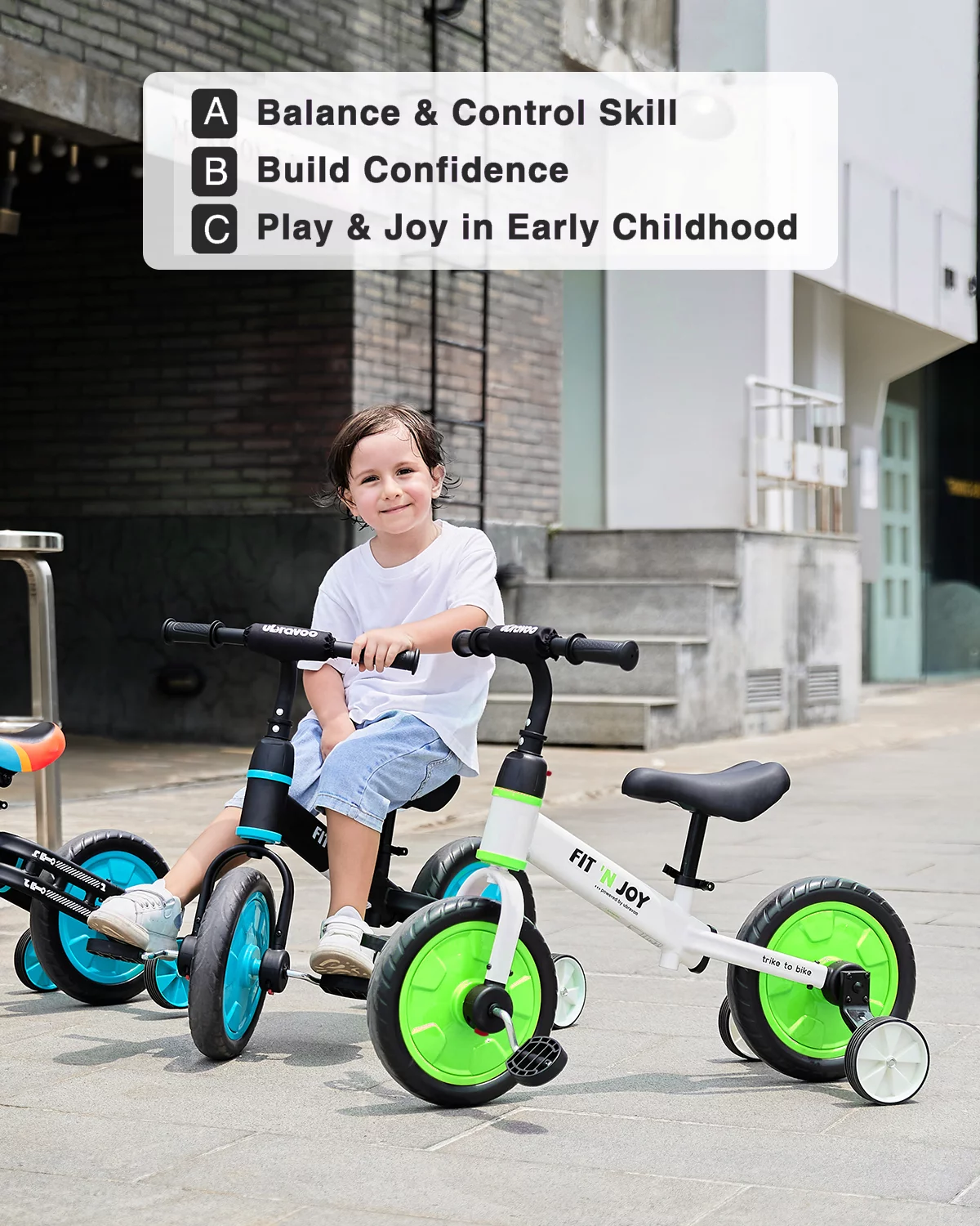 Ubravoo Fit 'n Joy Toddler Balance Bike,4-in-1 Starter Kids Training Bicycle,Rear Single Rod,Blue - Womvr