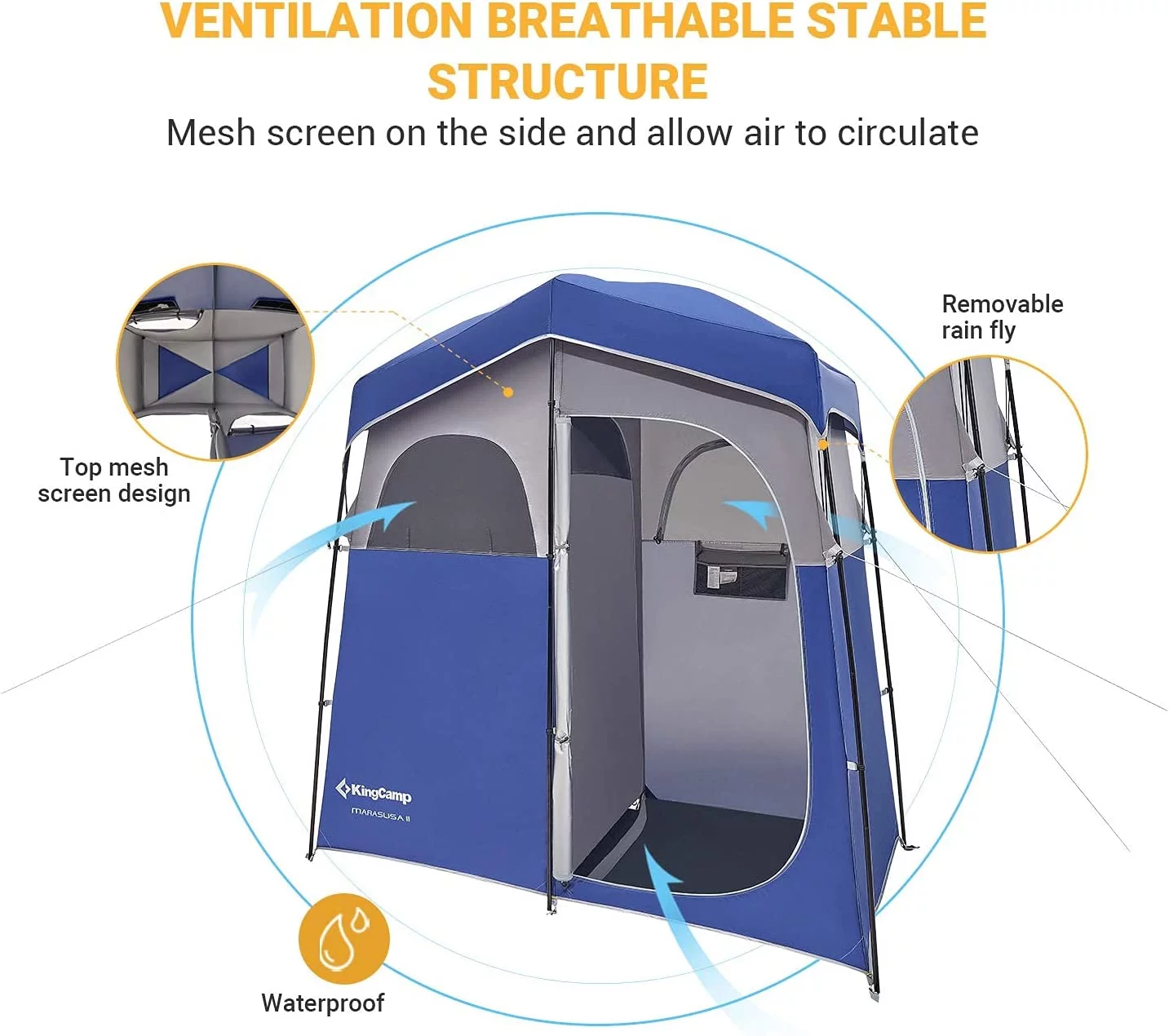 KingCamp Oversized 2 Rooms Camping Shower Tent Extra Wide Outdoor Shower Tent Privacy Tent for Portable Toilet/Bathroom/Dressing Changing Room with Carry Bag, Blue - Womvr