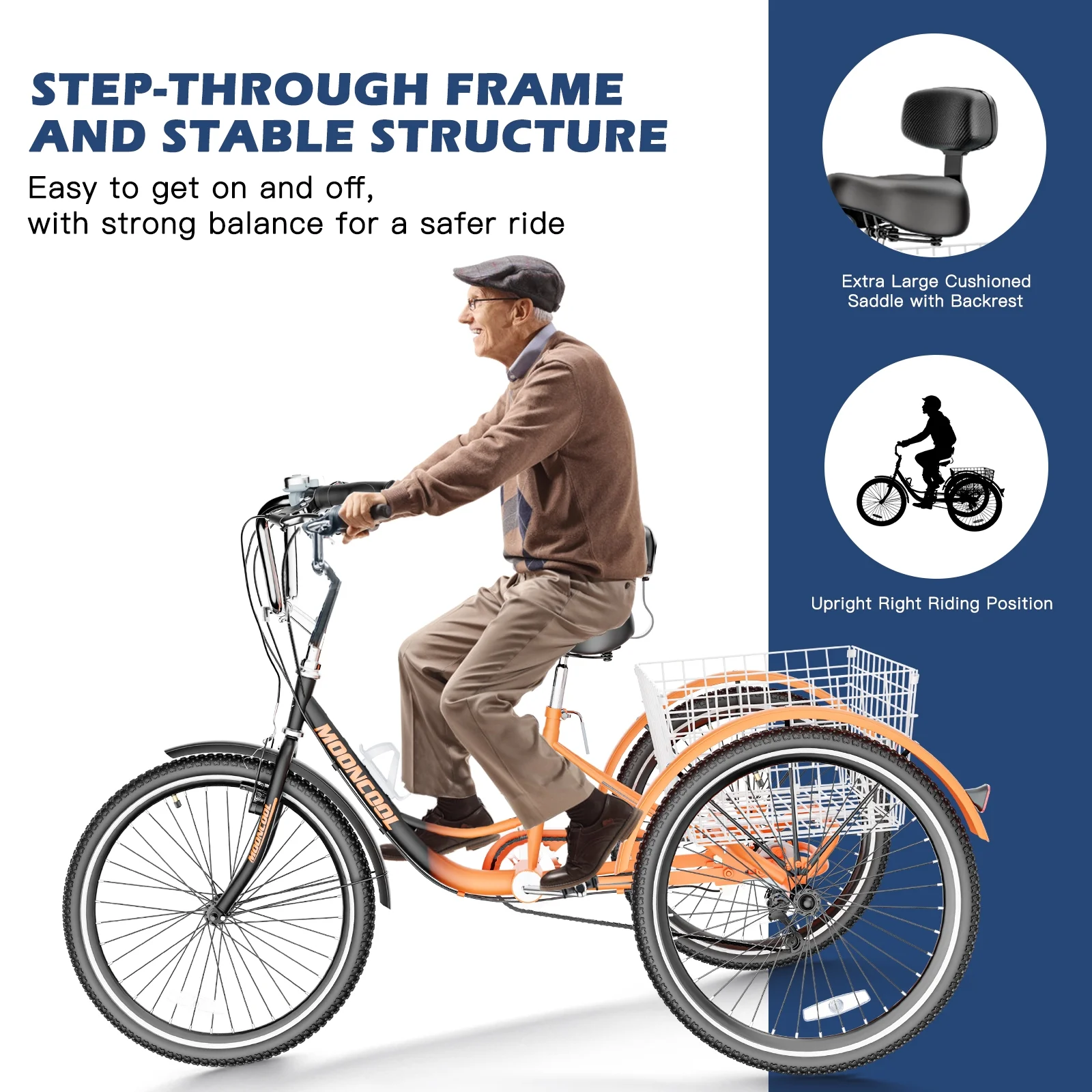 MOPHOTO Adult Tricycle for Seniors (Cyan, 26inch /7-Speed), Low Frame Three Wheel Bikes with Large Basket & Bell, 3 Wheel Cargo Bicycle, Safe and Durable Trike - Womvr