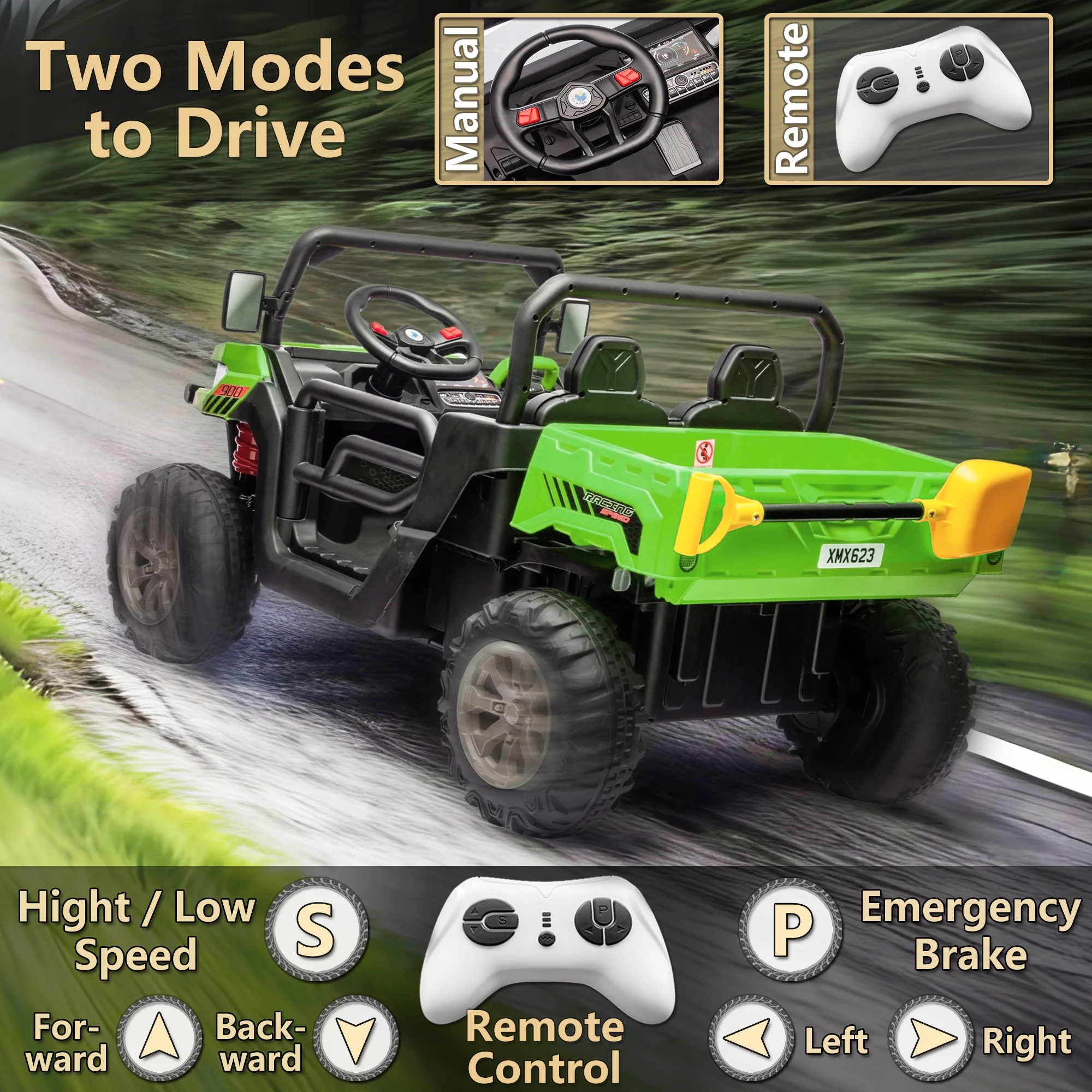 24V 2 Seater Ride on Toys, Ride On UTV with 2x200W Motor Ride On Dump Truck, Ride On Car with Dump Bed/Shovel, Electric Vehicle with Rubber Tires, LED Light, Music, Remote Control, Black - Womvr