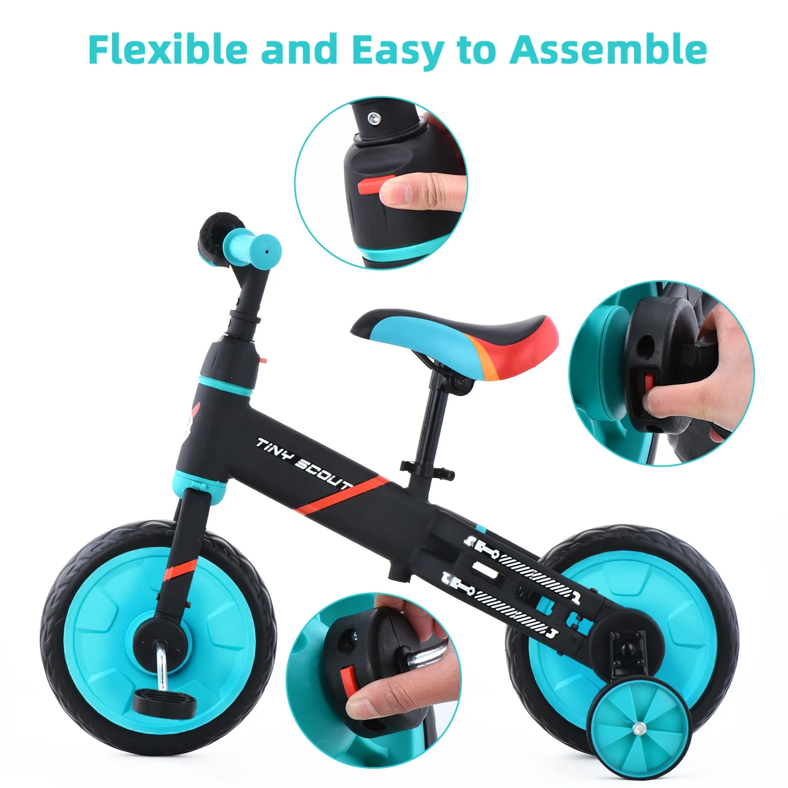 Ubravoo 4-in-1 Tiny Scout Balance Bike for Kids from 3 4 5 Years, Rear Double Rod,Blue - Womvr