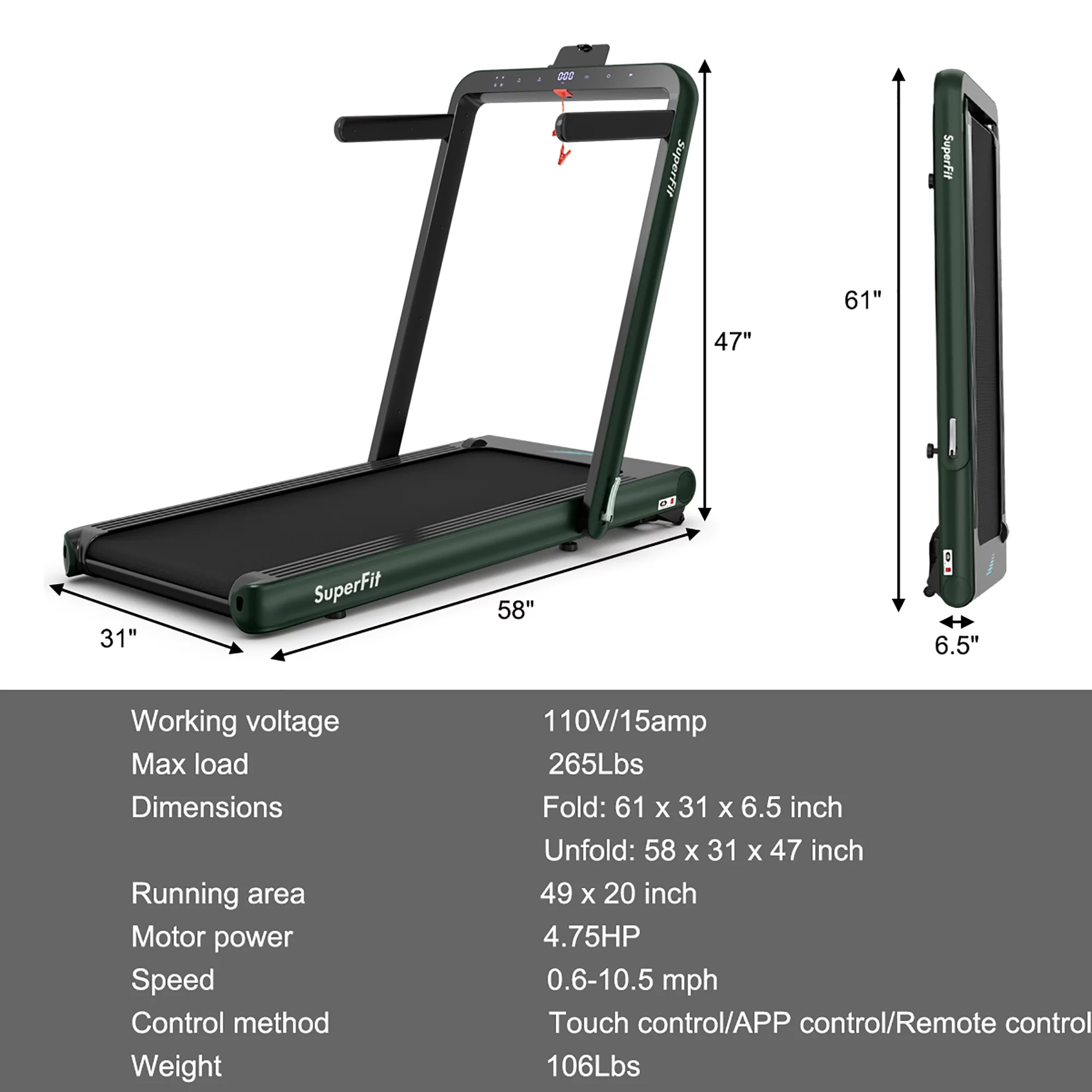 SuperFit 4.75HP 2 In 1 Folding Treadmill W/Remote APP Control White - Womvr