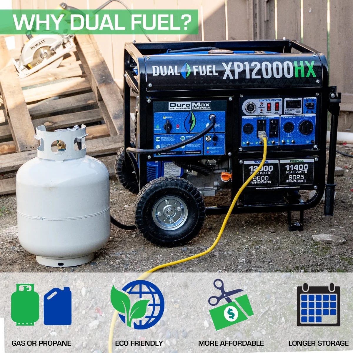 Duromax-XP12000HX DuroMax Generator Dual Fuel Gas Propane Portable with CO Alert 12,000 Watt - Womvr