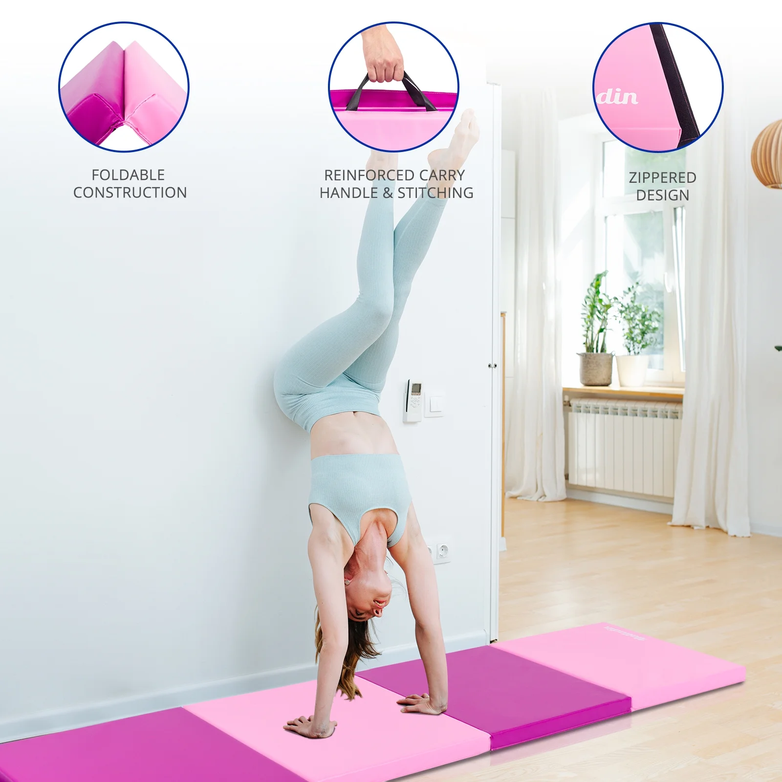 Matladin 8' Folding Gymnastics Gym Exercise Aerobics Mat, 8ft x 2ft x 2in PU Leather Tumbling Mats (Pink) - Womvr