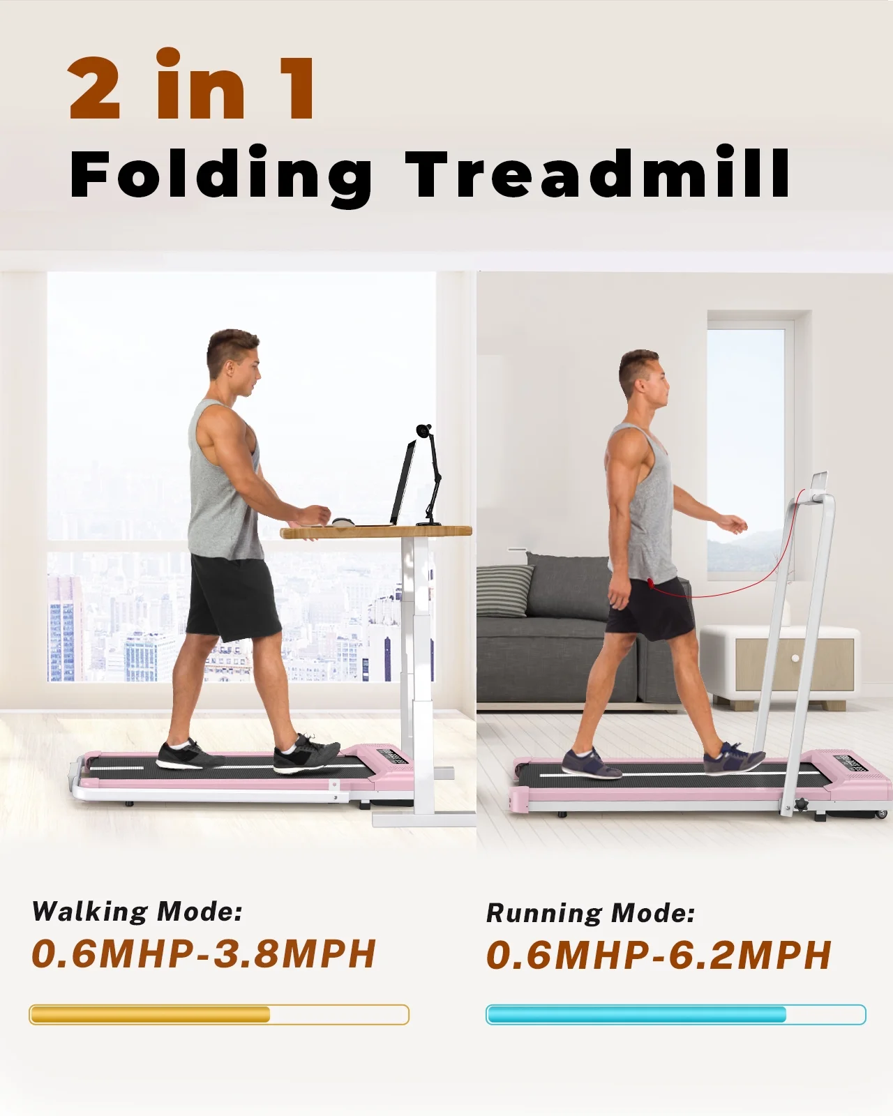 Home Fitness Code Foldable Treadmill with Bluetooth Speaker, 3HP Under Desk Treadmills for Home - Womvr