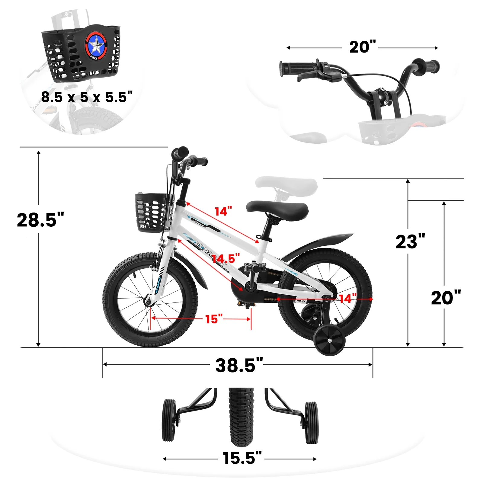 14 Inch Kids Bike for Boys, Kids Bike With Training Wheels and Basket, White - Womvr