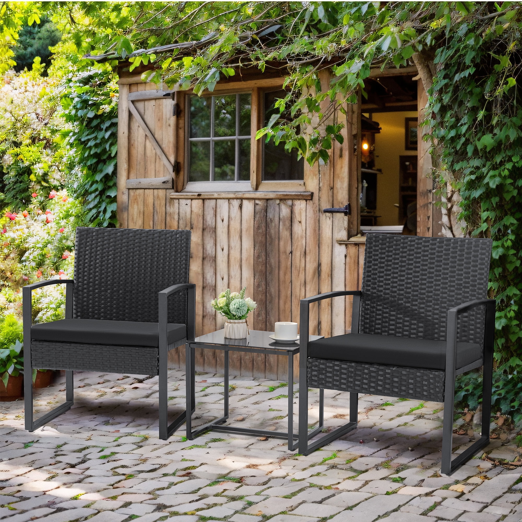 Homall Patio Furniture 3-Piece Set Casual Wicker Chair Bistro Chair with Coffee Table, Black - Womvr