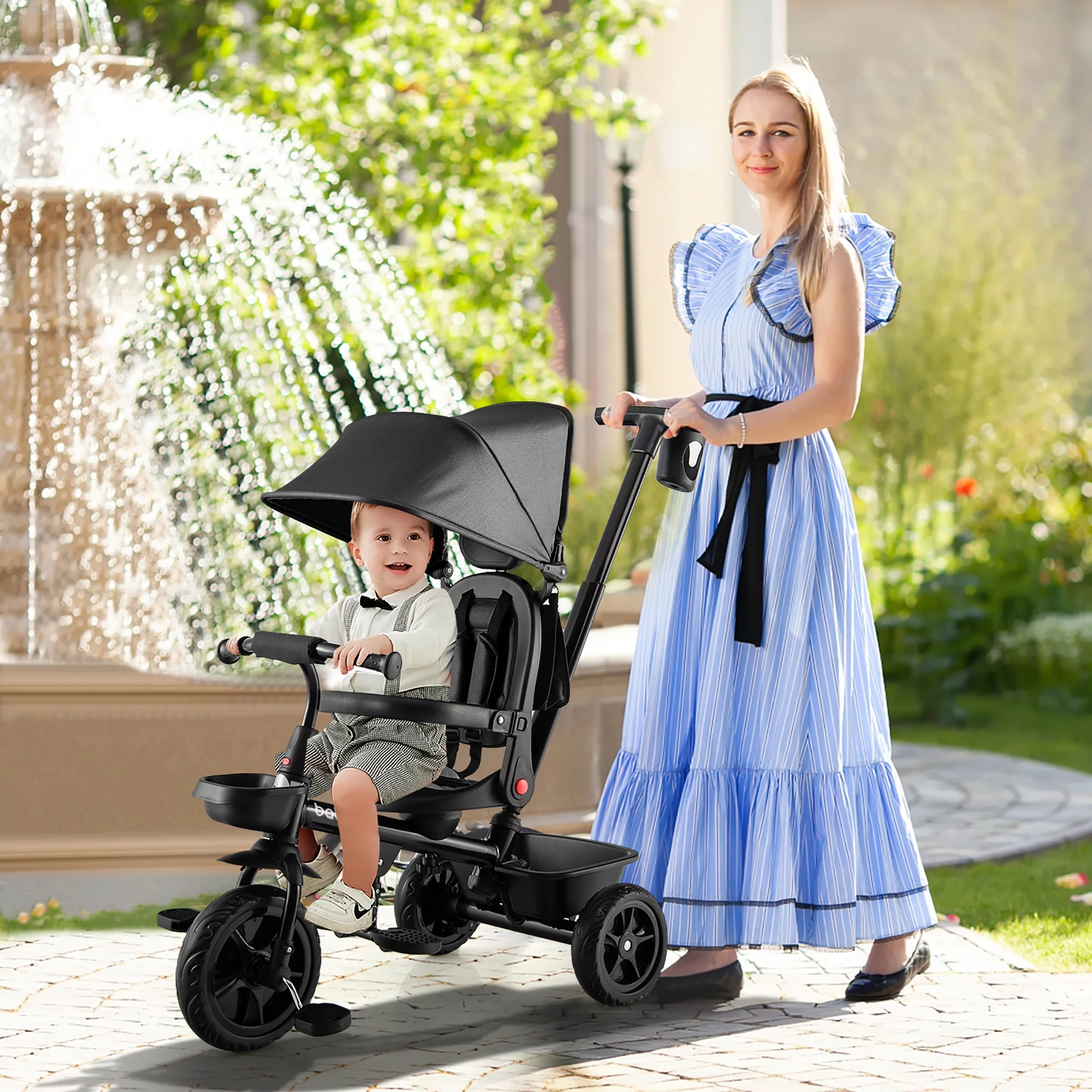 Babyjoy 4-in-1 Toddler Tricycle Reversible Baby Trike W/ Height Adjustable Push Handle - Womvr