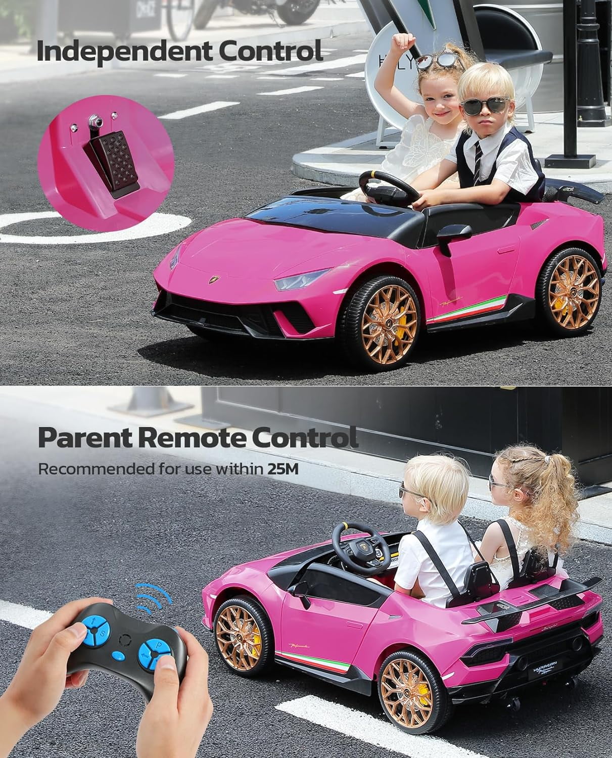 Lamborghini Huracan Ride on Car Real 2 Seater, Powered Electric Vehicle with Parent Remote, Maximum 4.0mph Ride on Toys for 3-8 Years Kids,Pink - Womvr