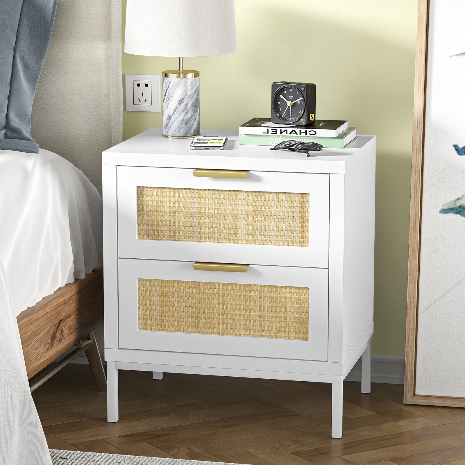 Eumyviv Modern Farmhouse Nightstands with 2 Rattan Drawer,Wood Bedside Table Storage Cabinet for Bedroom, Living Room,Natural Oak H0021 - Womvr