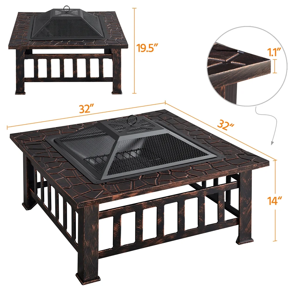 Yaheetech 32''Outdoor Metal Square Fire Pit With cover,Black - Womvr