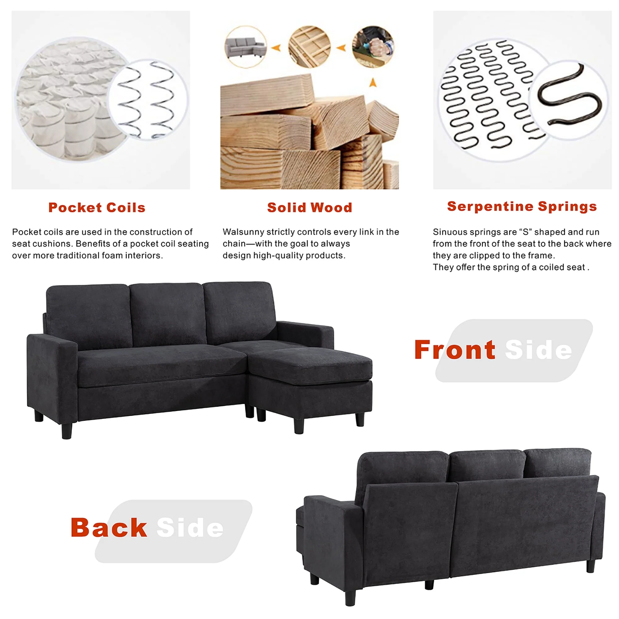 Walsunny Convertible Sectional L-Shaped Sofa with Modern Linen Fabric(Grayish Black) - Womvr