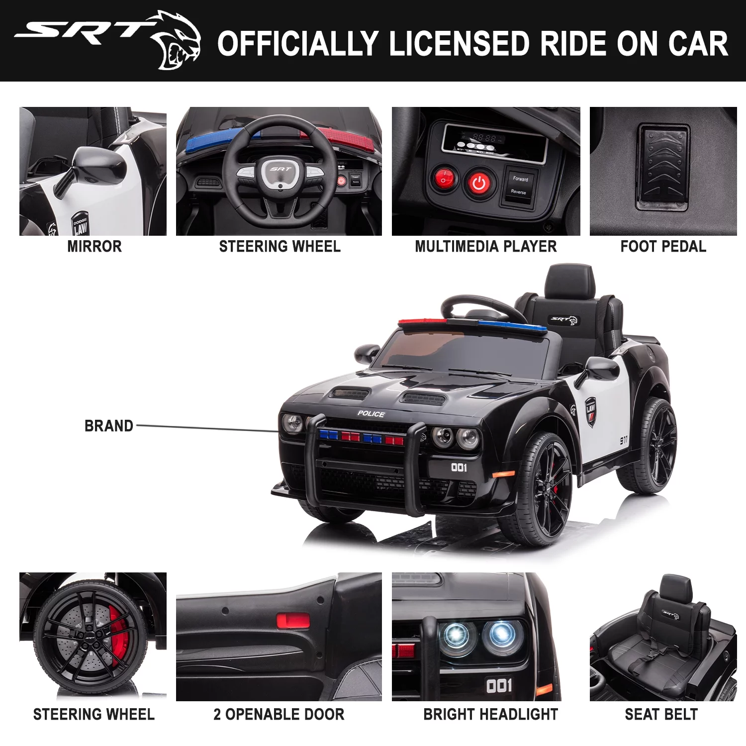 Dodge Challenger 12 V Powered Ride On Car with Remote Control, SRT Hellcat Toys for Kids, Black - Womvr