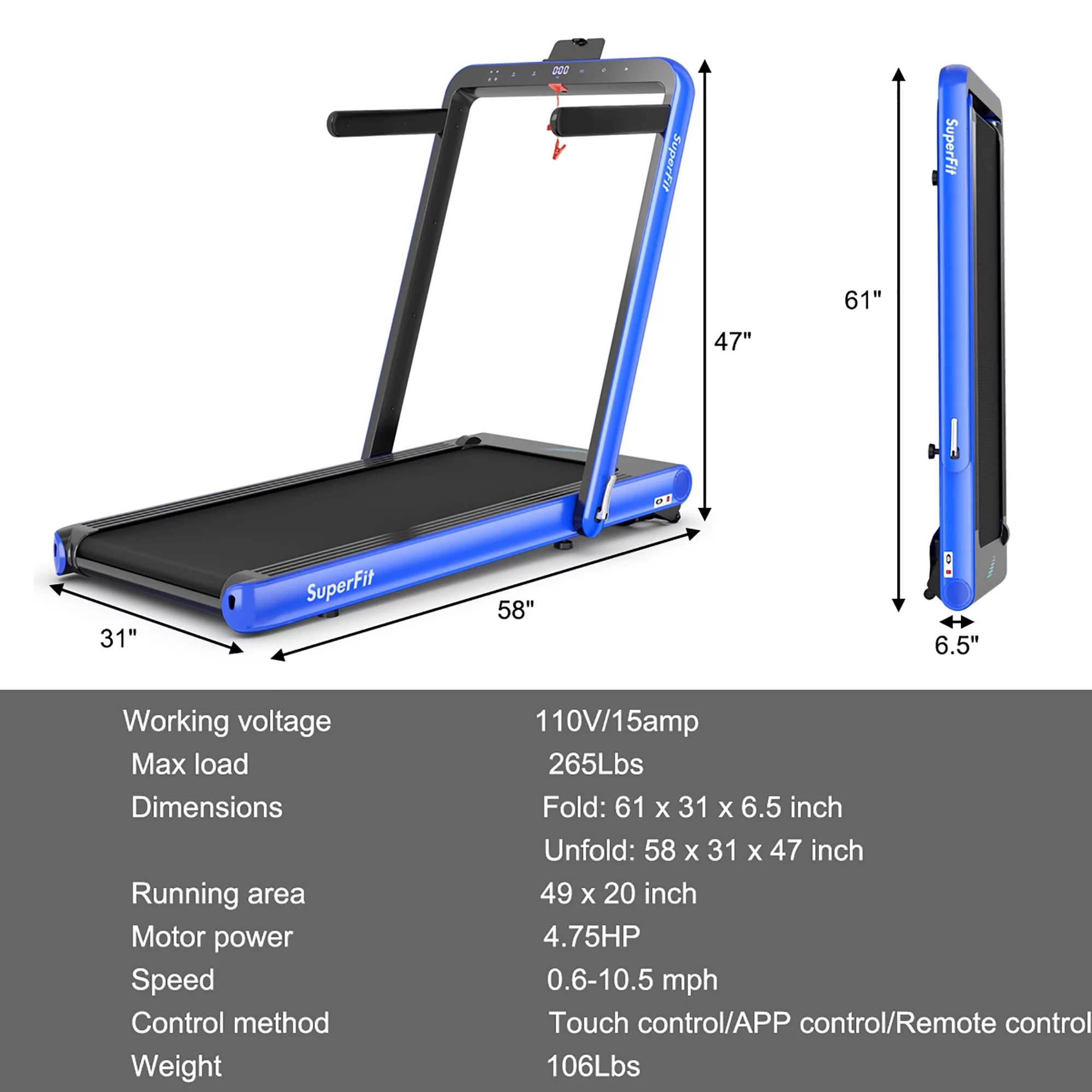 SuperFit 4.75HP 2 In 1 Folding Treadmill W/Remote APP Control White - Womvr