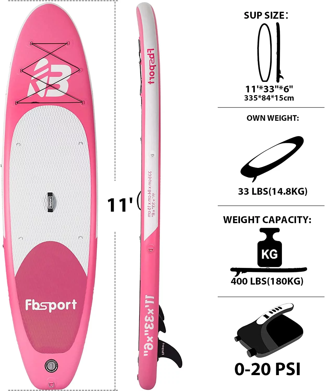 Summer Savings Fbsport 11ft Inflatable Paddle Board SUP, 6'' Thick W/Paddling Fins Electric Pump & Accessories Pack, Green - Womvr