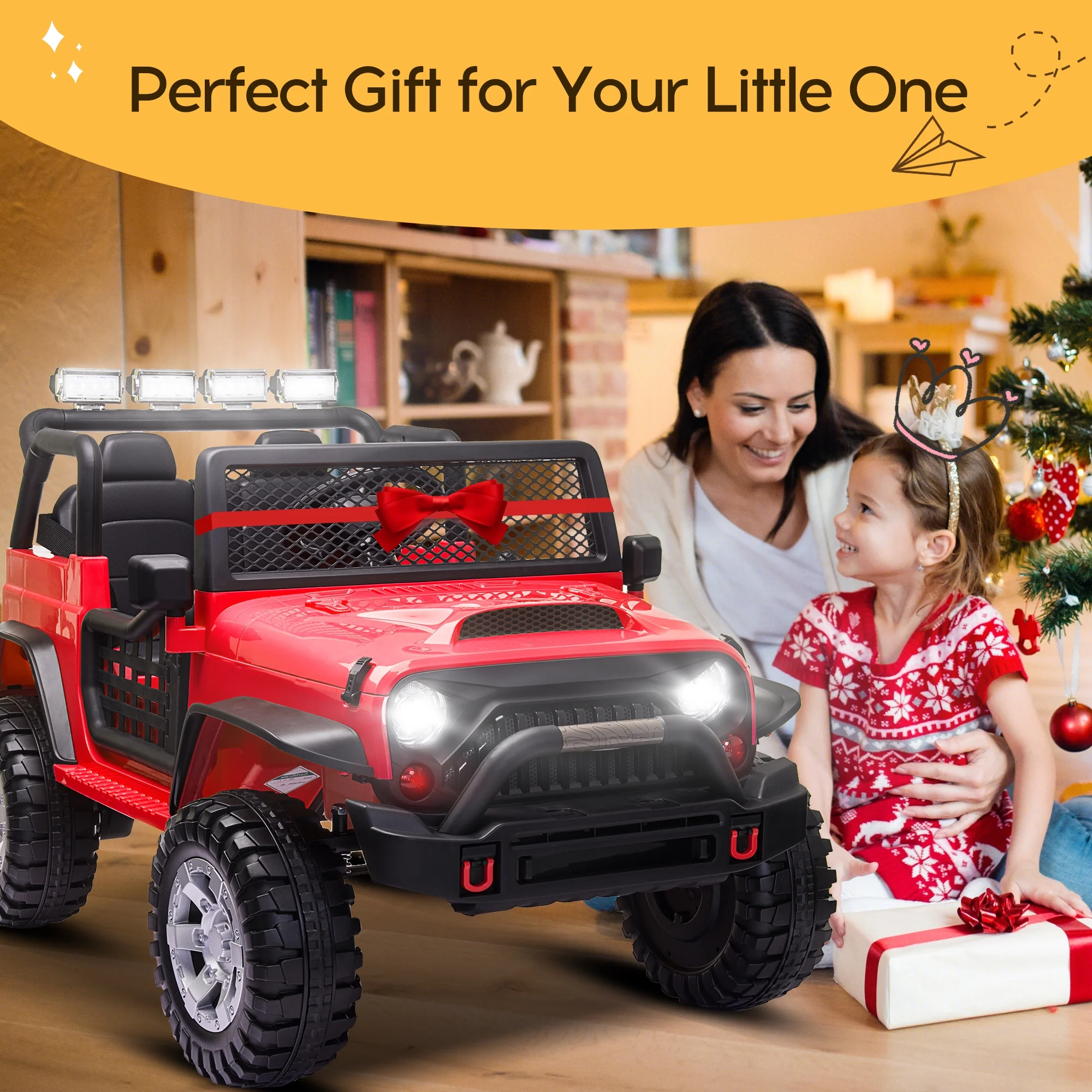 2 Seater Kids Ride on Truck with Remote Control, Music, 12V Children Electric Jeep Car - Womvr