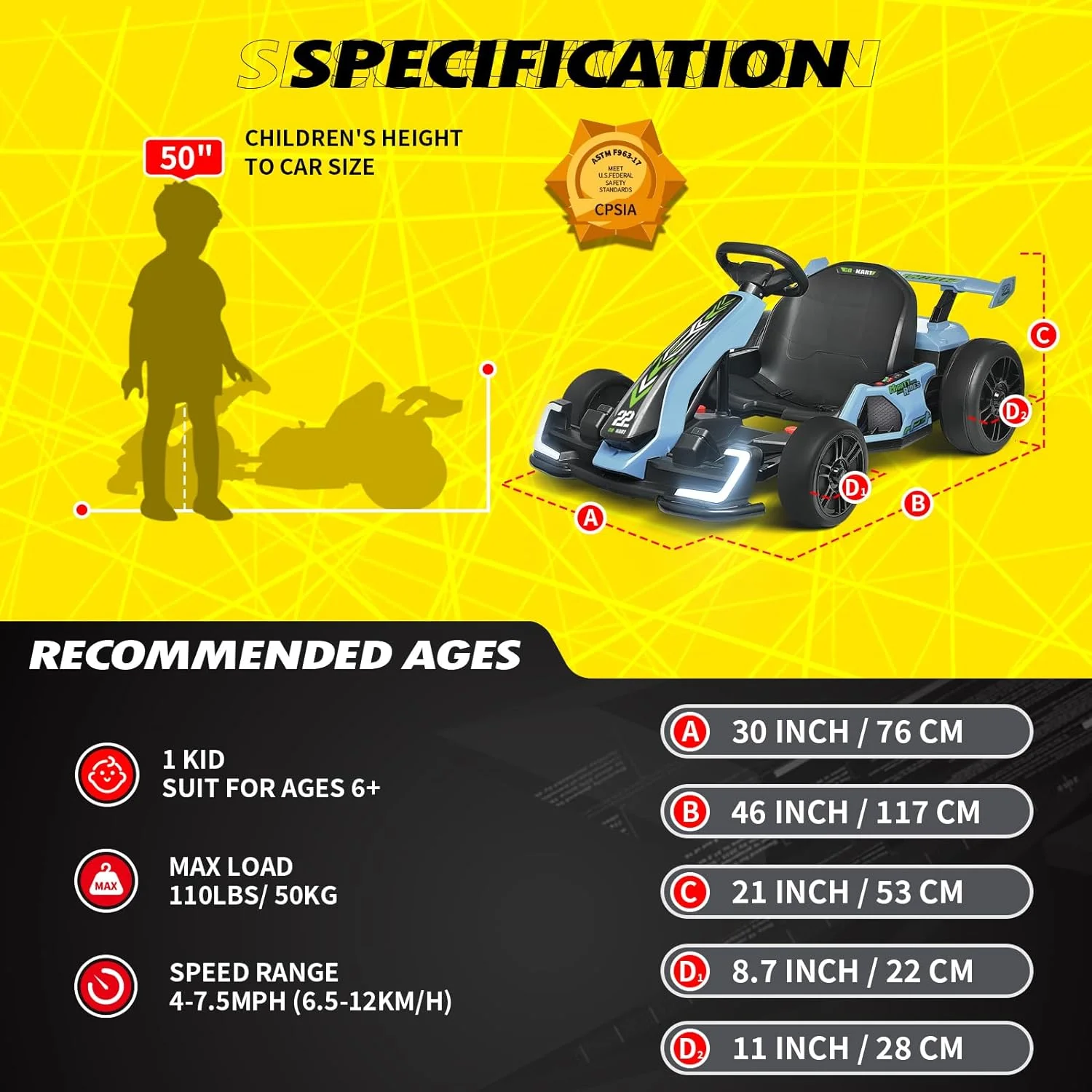 Blitzshark 24 V Kids Go Kart 300W Powerful Electric Pedal Go Kart, with Drift/Sports Mode, EVA Tires, Brake Pedal, White - Womvr