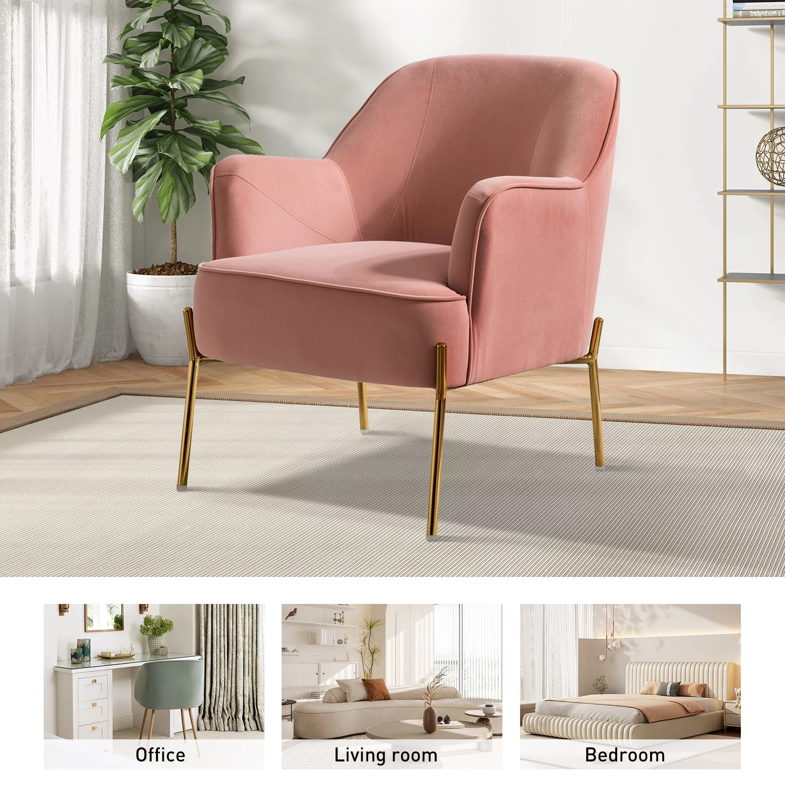 Velvet Upholstered Accent Chair Metal Legs Curved Backrest Lounge Home Armchair Bedroom Adult Pink - Womvr