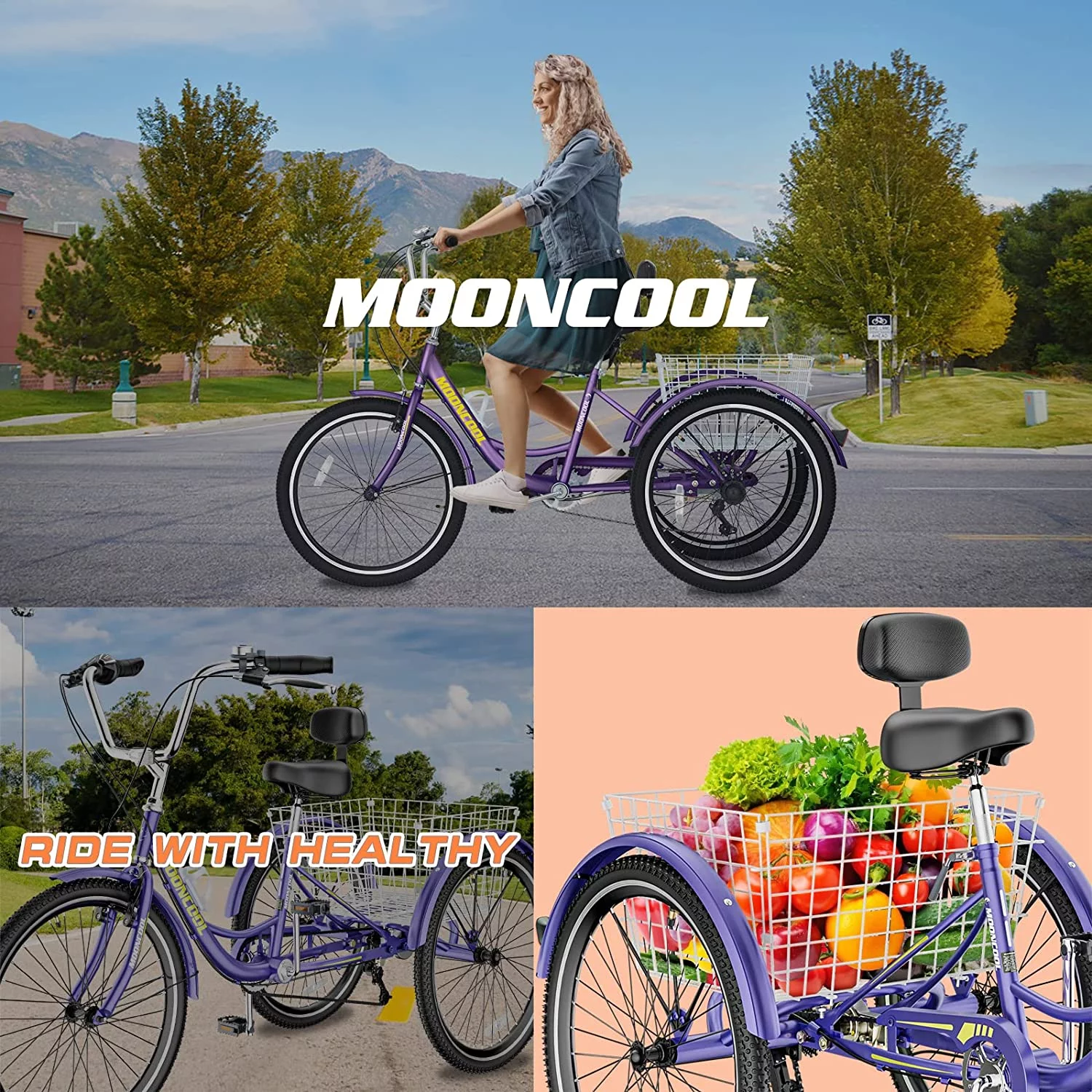 MOONCOOL Adult Tricycles, 3 Wheel 7 Speed Trikes, 20/24/26 inch Adult Trikes 3 Wheeled Bike with Basket for Seniors, Women, Men - Womvr