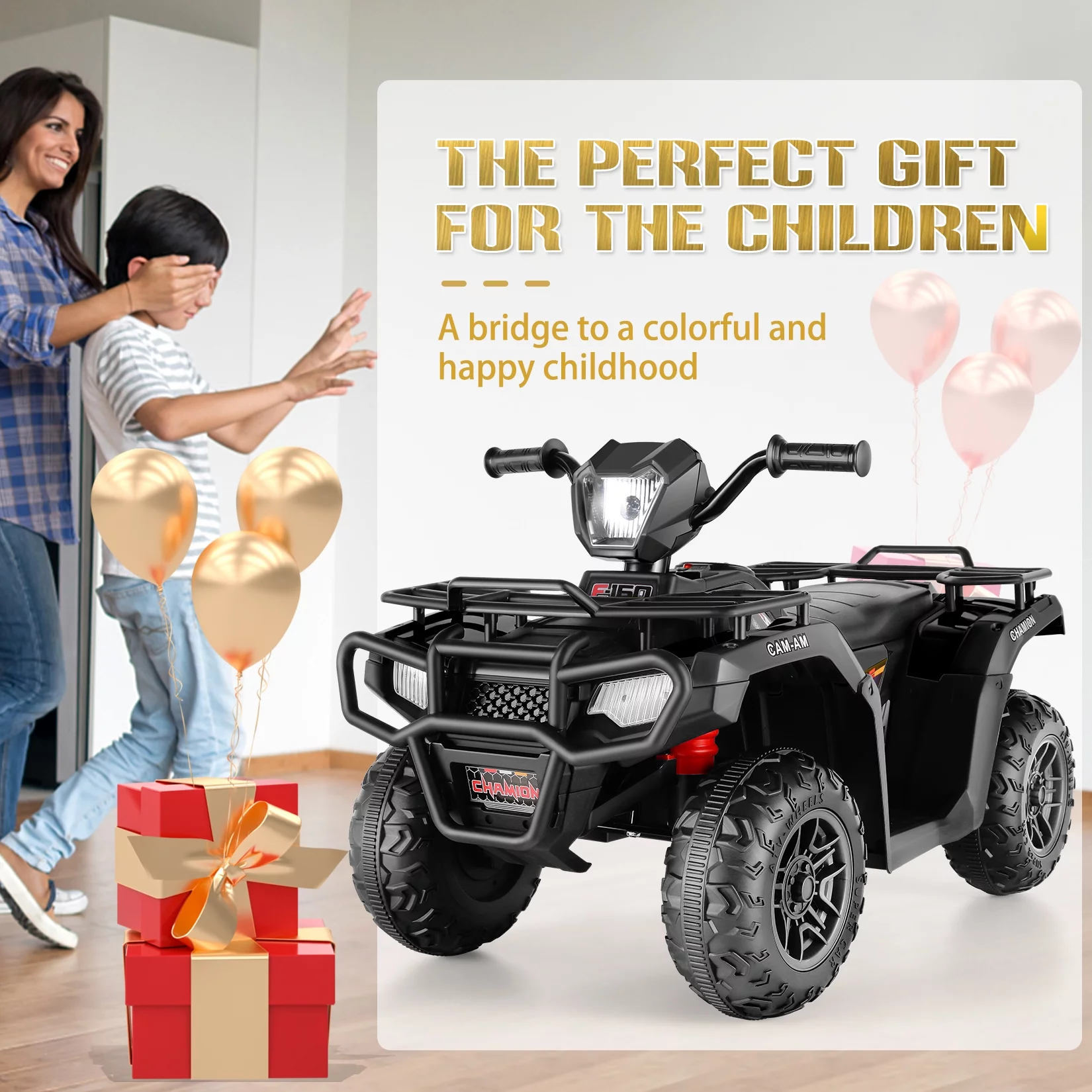 Funcid 12V Kids Ride on ATV 4-Wheeler Quad Battery Powered Electric Car with High/Low Speed, 2X30W Motor, Treaded Tires, Soft Braking, LED Light, Music, Rose Red - Womvr
