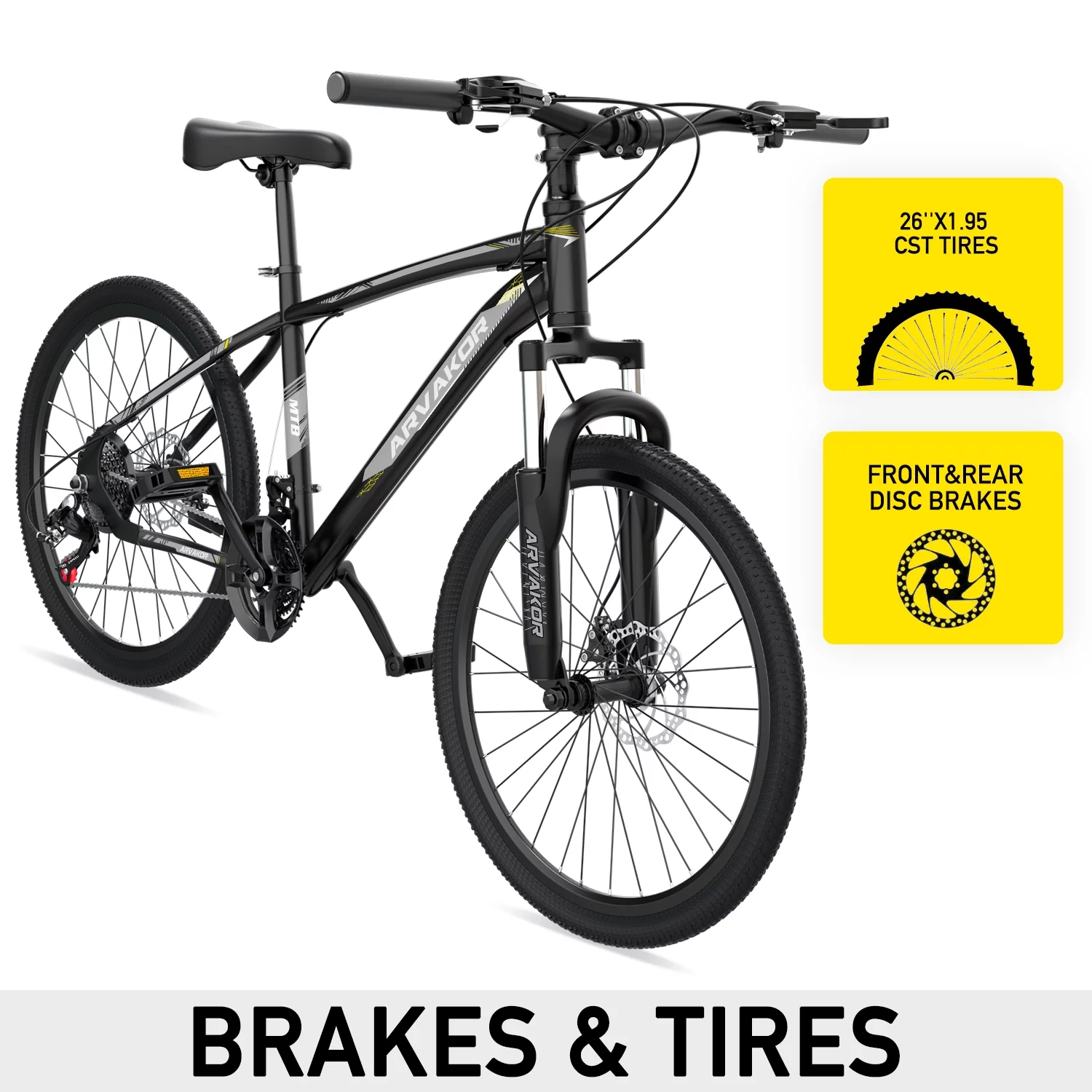 ARVAKOR 26'' Mountain Bikes for Men, 21 Speeds, Double Disc Brake, Gray - Womvr