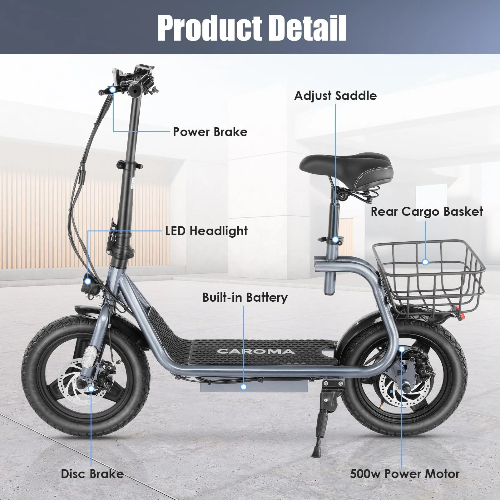 Caroma 500W Electric Scooter with Seat for Adult, 14 inch Commuter Electric Scooter with Dual Shock Absorbers and Basket - Up to 25 Miles 20 MPH, Silver - Womvr