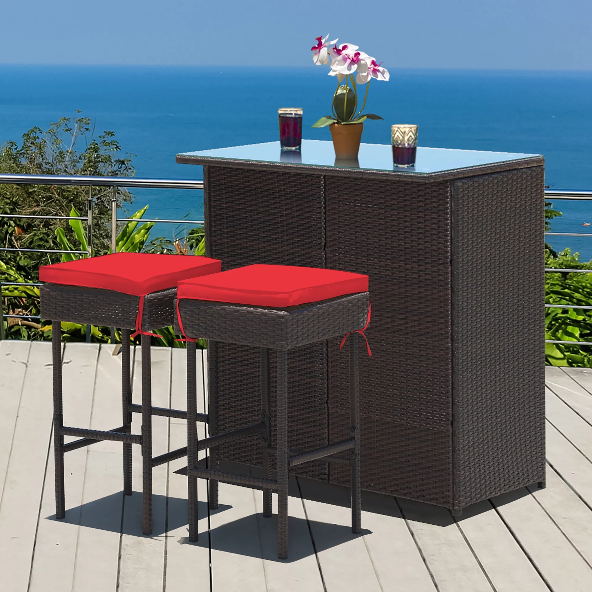 Costway 3PCS Patio Rattan Wicker Bar Table Stools Dining Set Cushioned Chairs Garden - Womvr