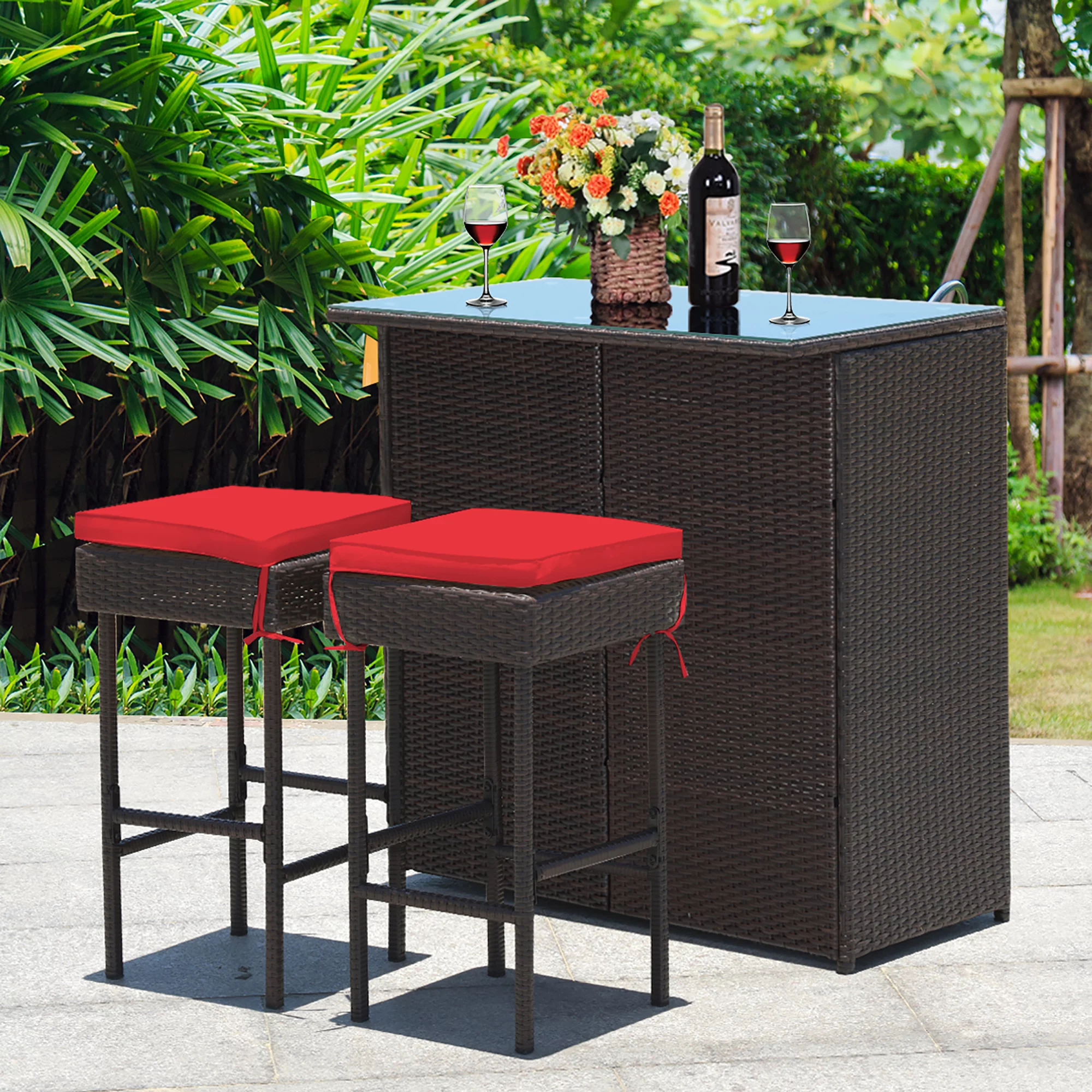 Costway 3PCS Patio Rattan Wicker Bar Table Stools Dining Set Cushioned Chairs Garden - Womvr