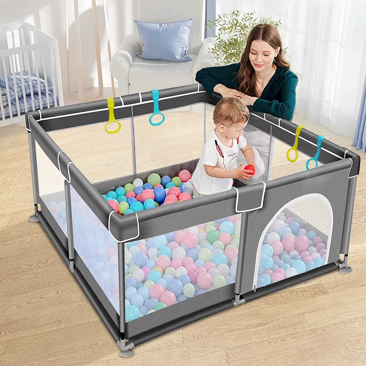 Baby Playpen, 36x36x27inch Portable Soft Mesh Sturdy Pipe Ample Space for Toddler, Gray - Womvr