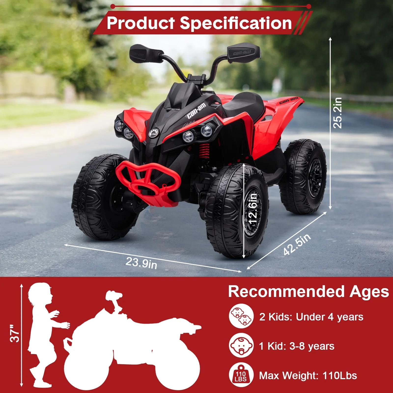 24V Ride on Toys, 4 Wheeler ATV for Kids with 2 Seater, 4x200W Motors, 4WD/2WD Switchable, Khaki - Womvr