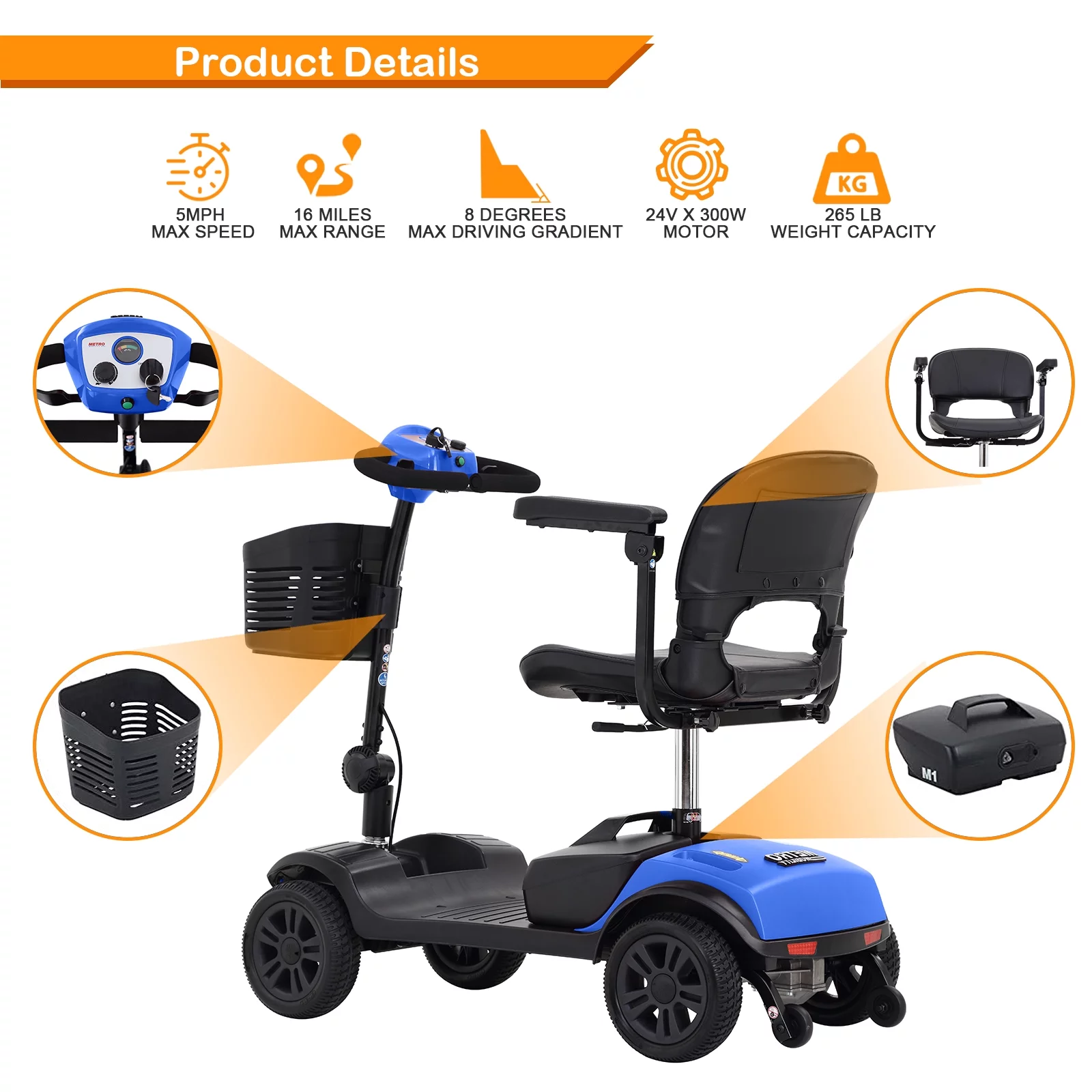 4 Wheels Folding Mobility Scooter for Seniors Adults with Baskets Blue - Womvr
