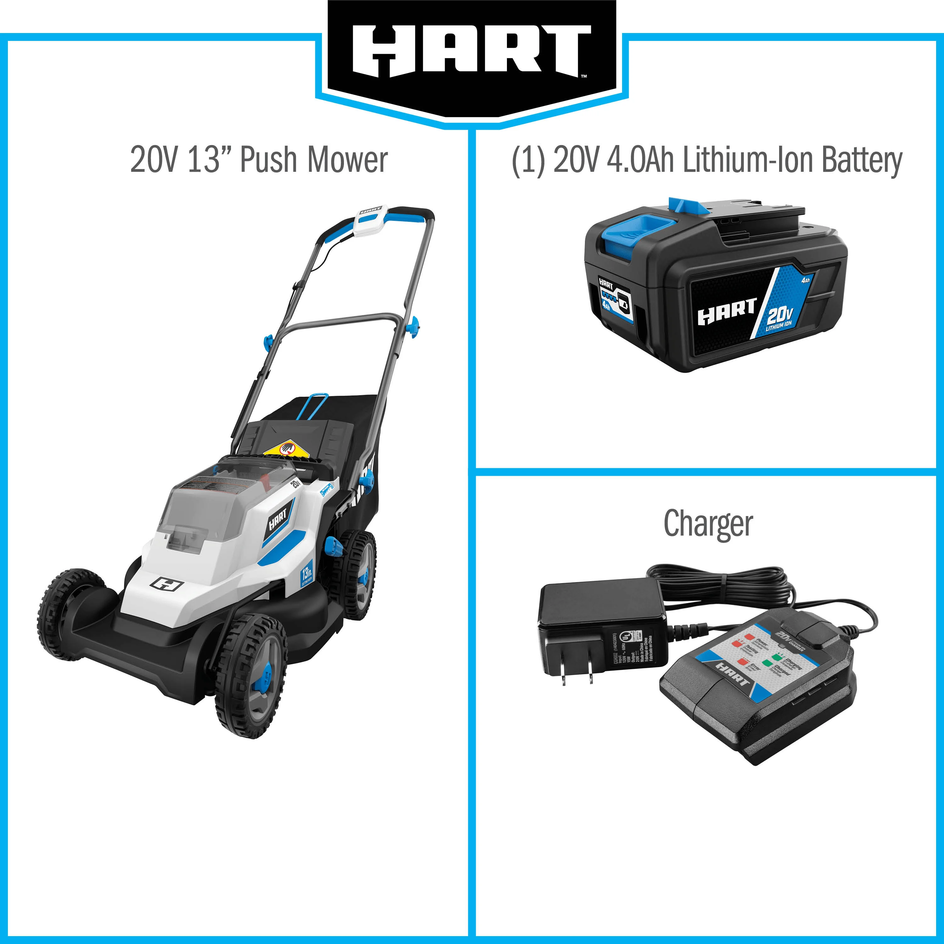 HART 20-Volt 13-inch Push Mower Kit, (1) 4.0Ah Lithium-Ion Battery - Womvr