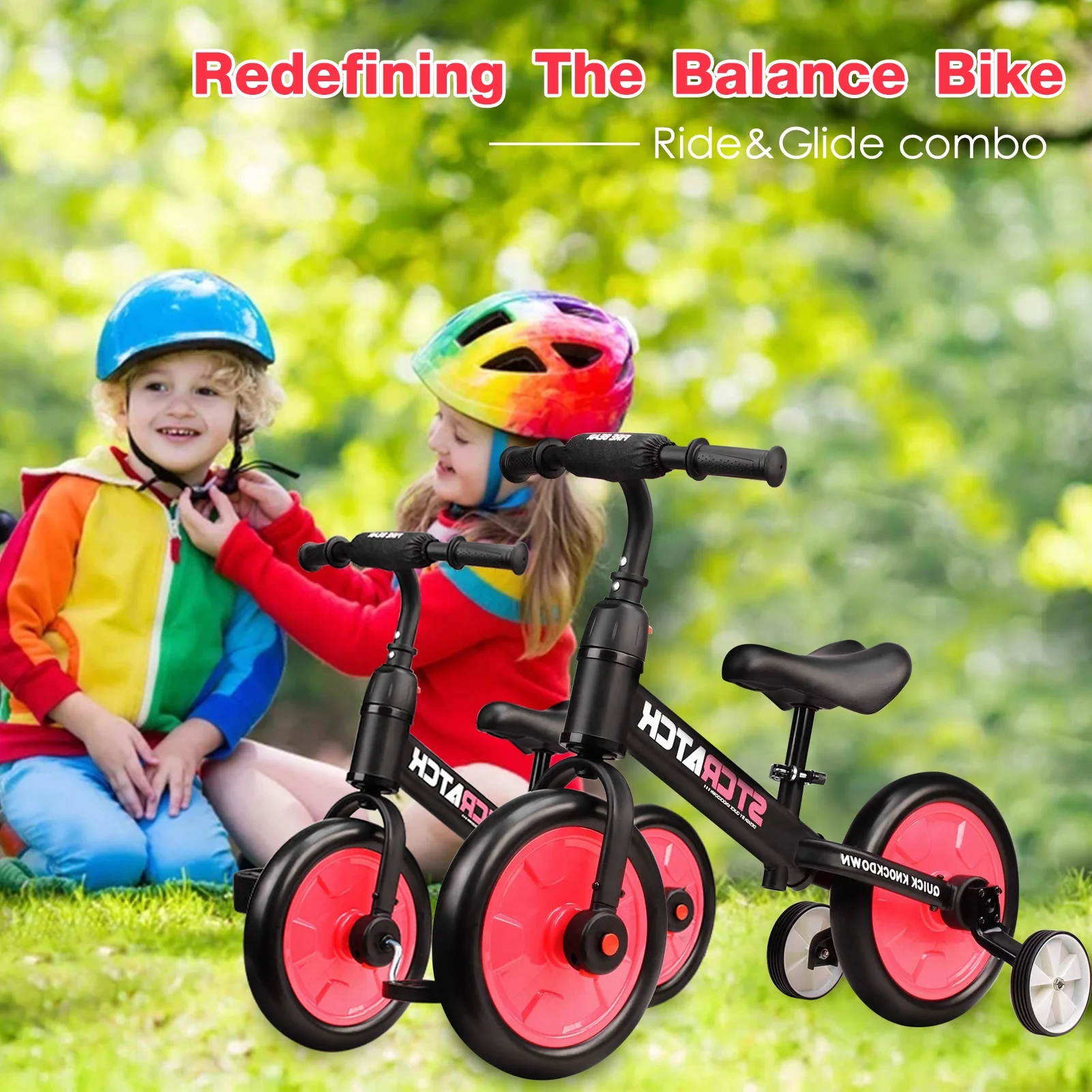 WLRETMCI Kid Balance Bike, 4 in 1 Toddlers Training Bicycle for 2-5 Years Old Boys Girls, Lightweight with Pedals and Training Wheels, Red Christmas Gifts - Womvr