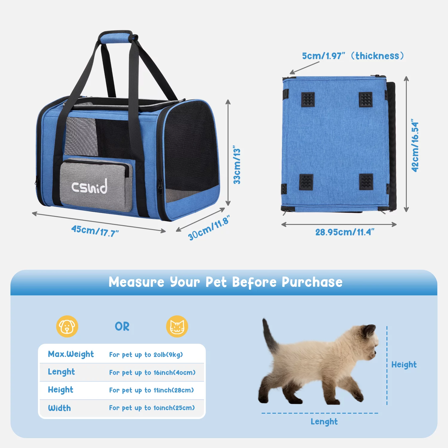 Cat Carrier, Soft Sided Cat Carriers for Large Small Medium Dogs Cats Under 25lbs, Foldable Pet Travel Carrier with a Bowl/Washable Pad, TSA Airline Approved, Blue - Womvr