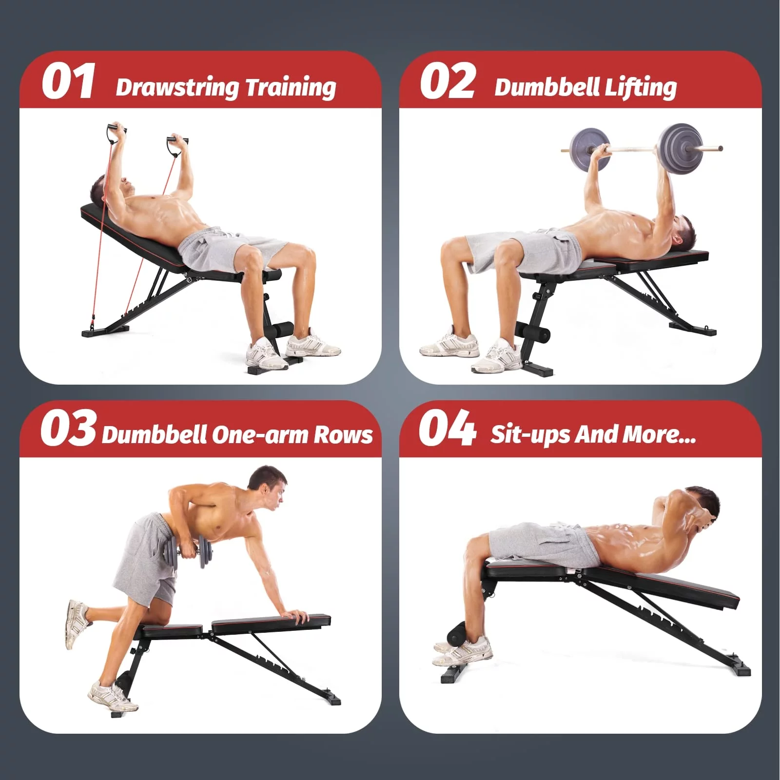 RichYa Adjustable Weight Bench with Resistance Bands, Incline Decline Press Bench, Foldable Exercise Training Bench for Home Gym - Womvr