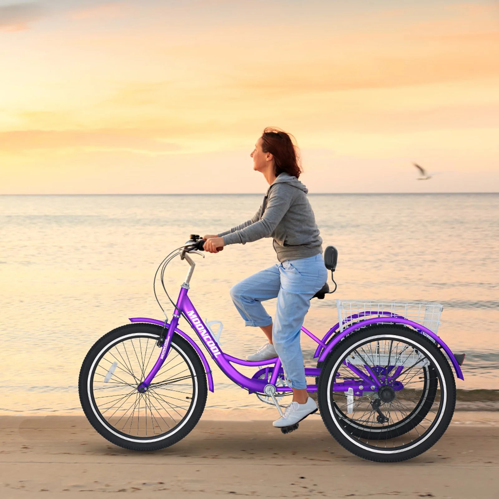 MOPHOTO Adult Tricycle for Seniors (Cyan, 26inch /7-Speed), Low Frame Three Wheel Bikes with Large Basket & Bell, 3 Wheel Cargo Bicycle, Safe and Durable Trike - Womvr