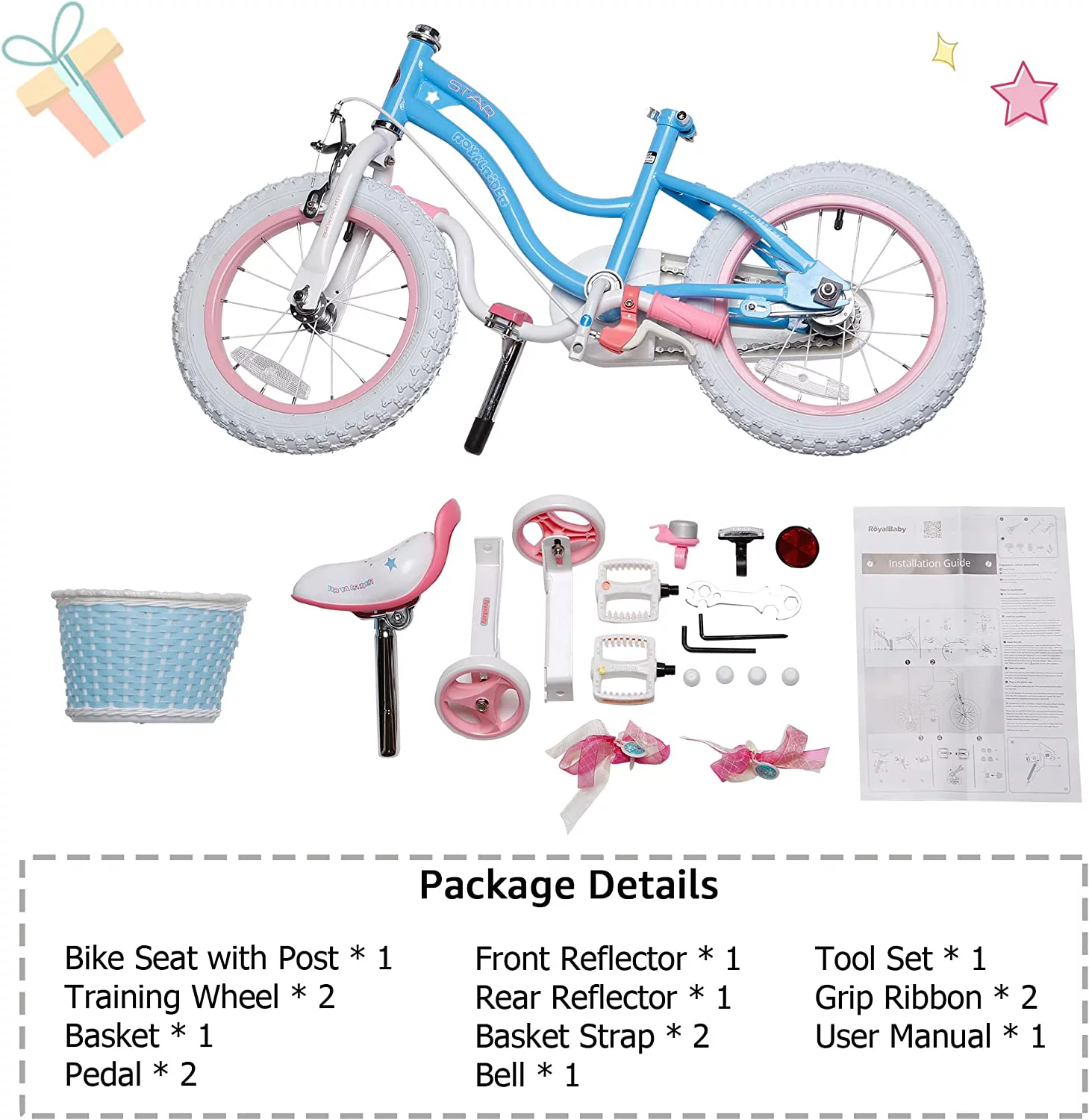 Royalbaby Girls Kids Bike Star girl 14 In Bicycle Basket Training Wheels Blue Child's Cycle - Womvr