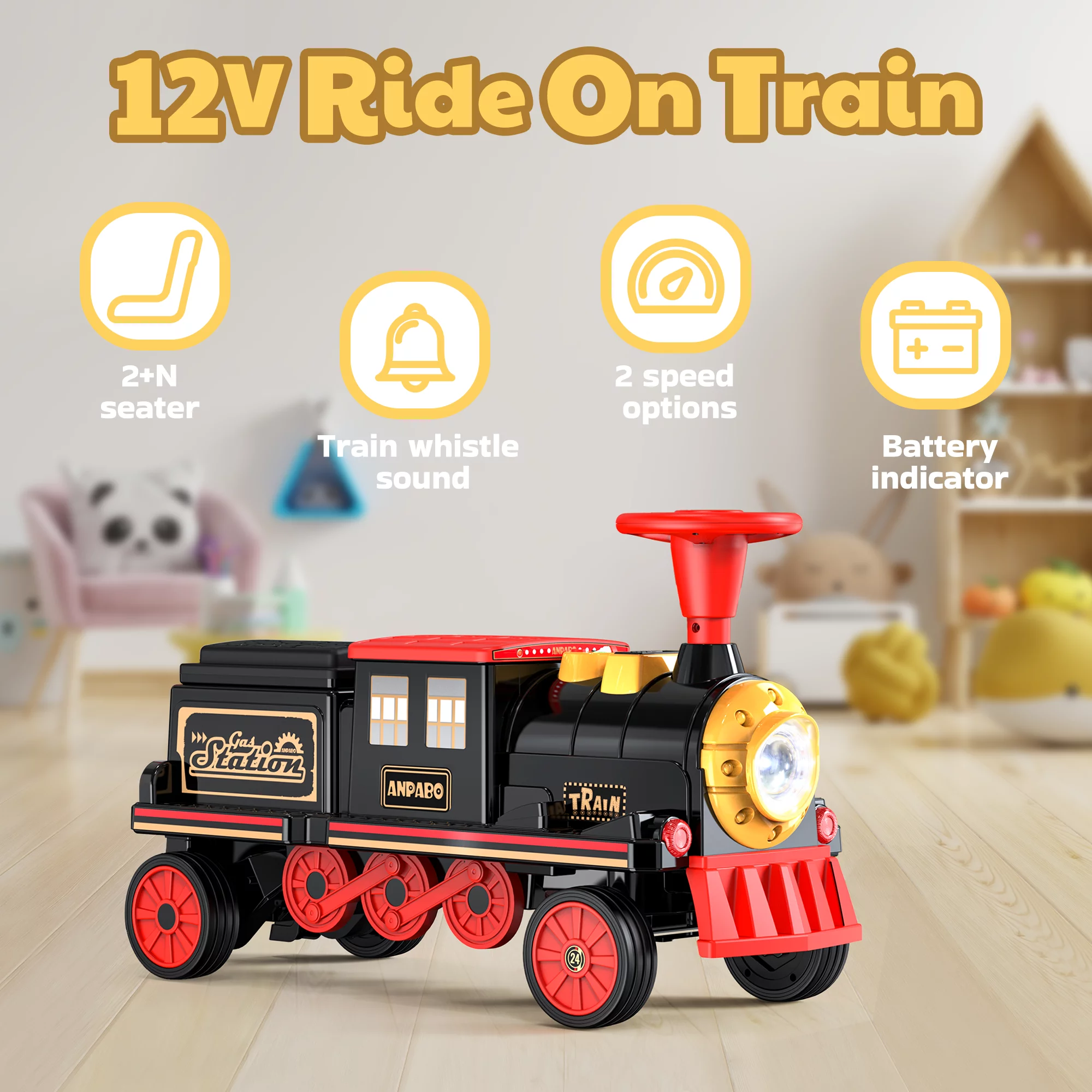TOKTOO 12Volt 2 Seater Kids Ride on Train W/ Rubber Wheels, Storage Box, LED Headlight, Music Player-Black Red - Womvr